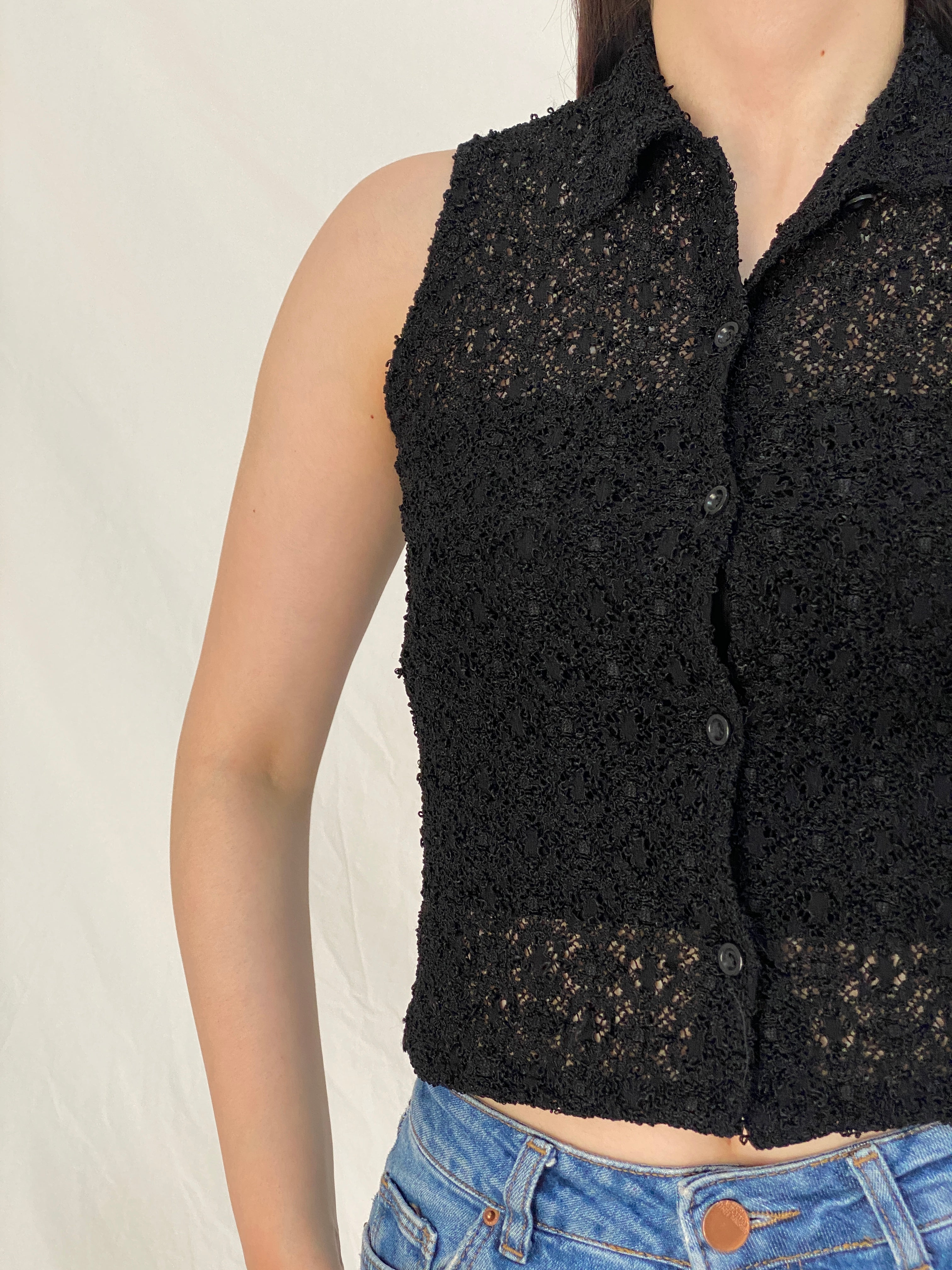Y2K Black Crochet Knit Sleeveless Button-Up Cropped See Through Shirt – S