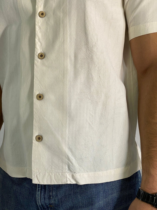 Vintage Tommy Bahama 100% Silk Cream Short Sleeve Jacquard Palm Print Shirt - M