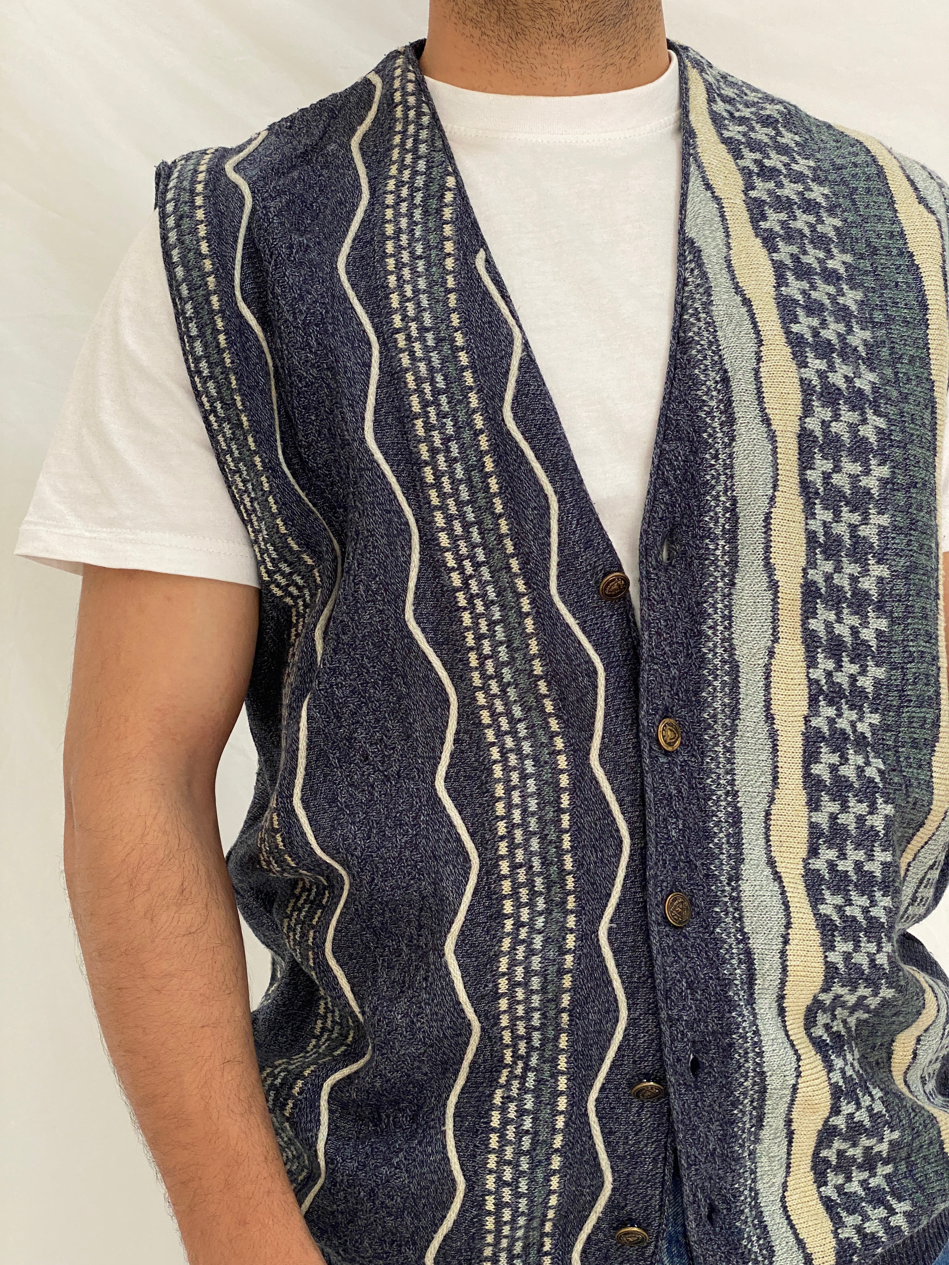 Vintage 90s تريكو Navy Patterned Knit Sweater Vest Cardigan - M