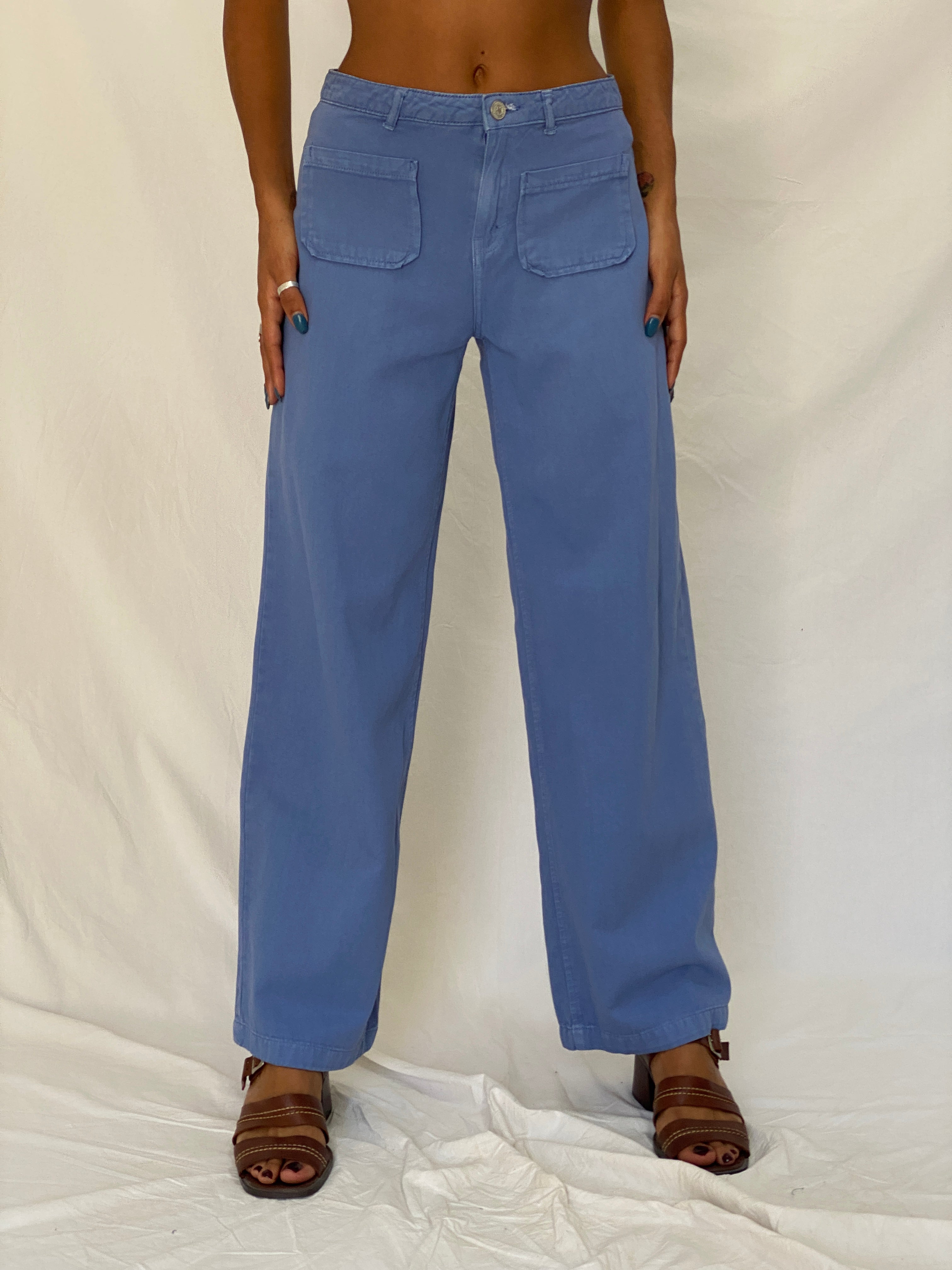 Vintage 90s Green Coast Blue Cotton Utility Wide Leg Pants - S