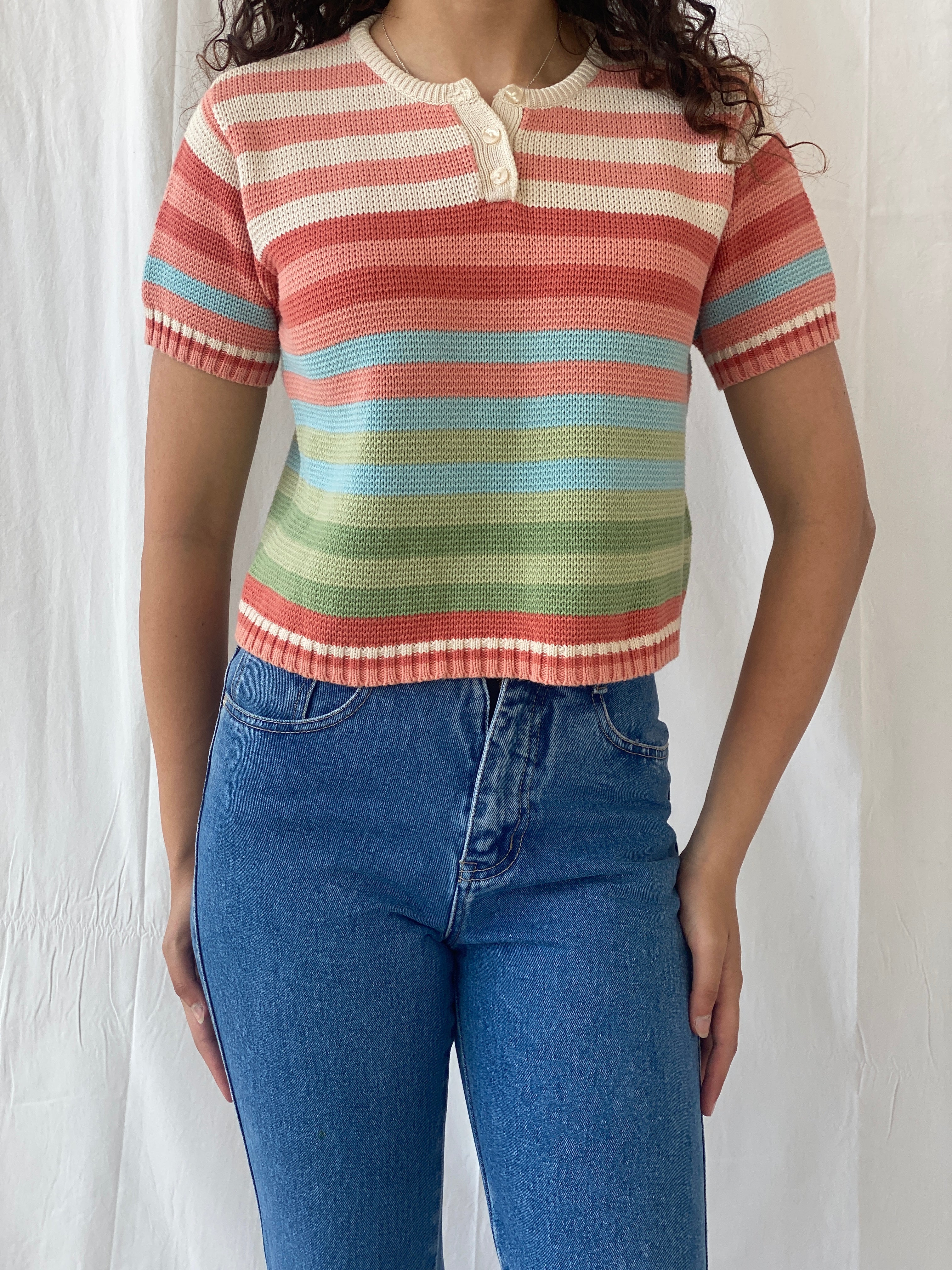 Y2K Liz Claiborne Lizwear Striped Pastel Pink Knitted Cotton Top - S