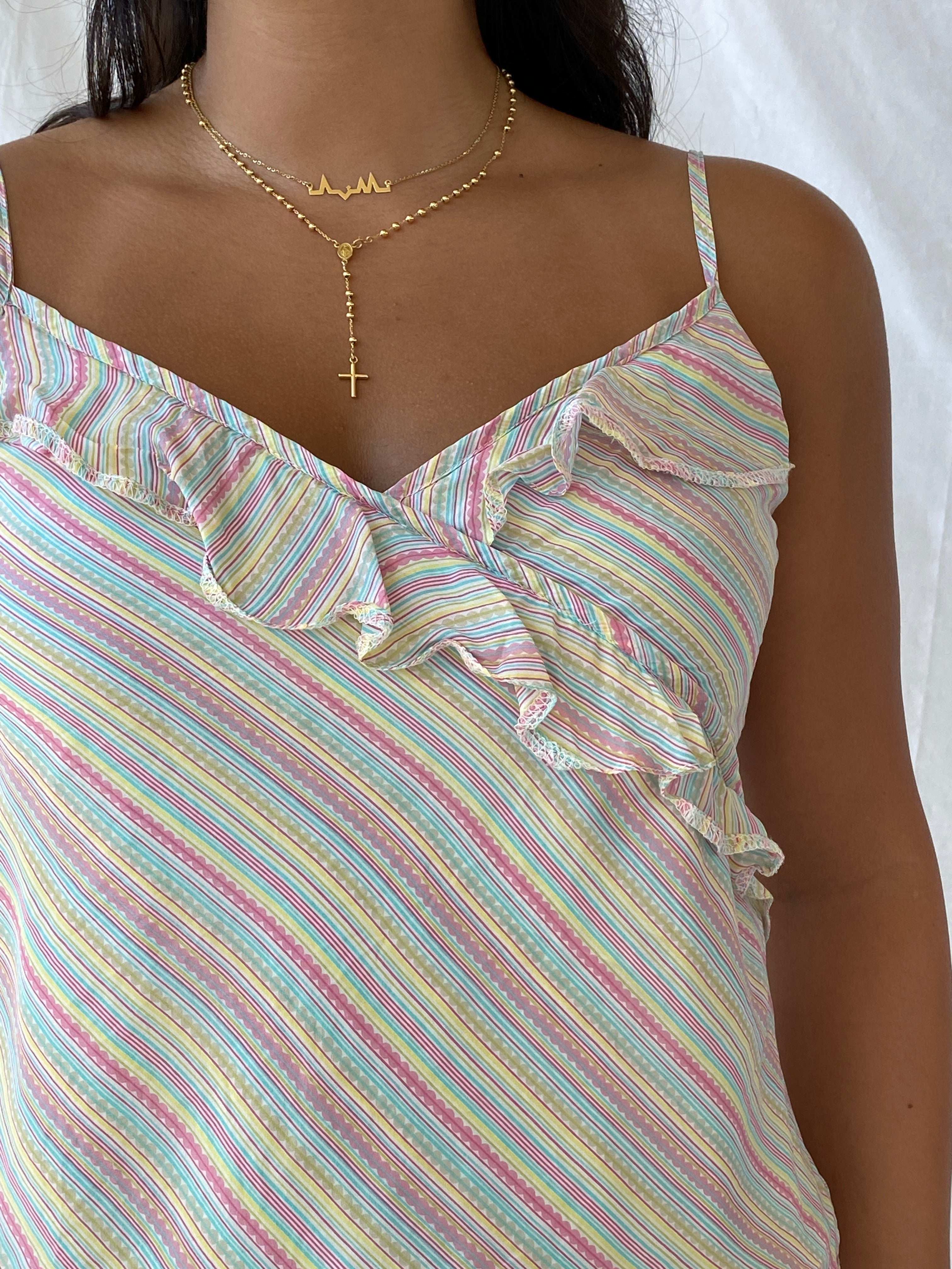 Rocha John Rocha Striped Colorful Pastel Ruffled Cami - M - Balagan Vintage Cami 00s, Cami, Lana, NEW IN, silk, summer