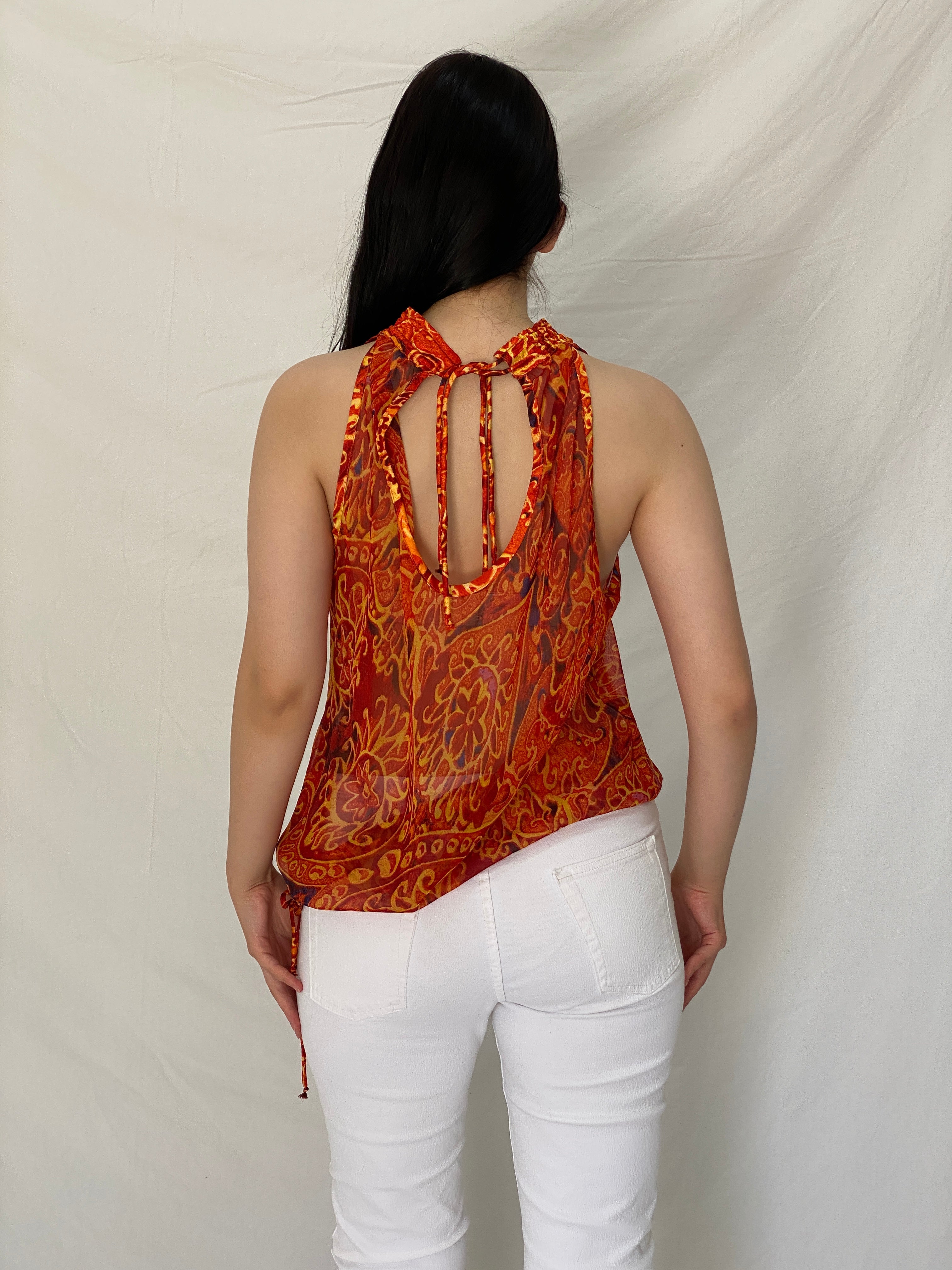Vintage Y2K Boho Paisley Orange Mesh Halter Top Sheer Printed Sleeveless Blouse - M
