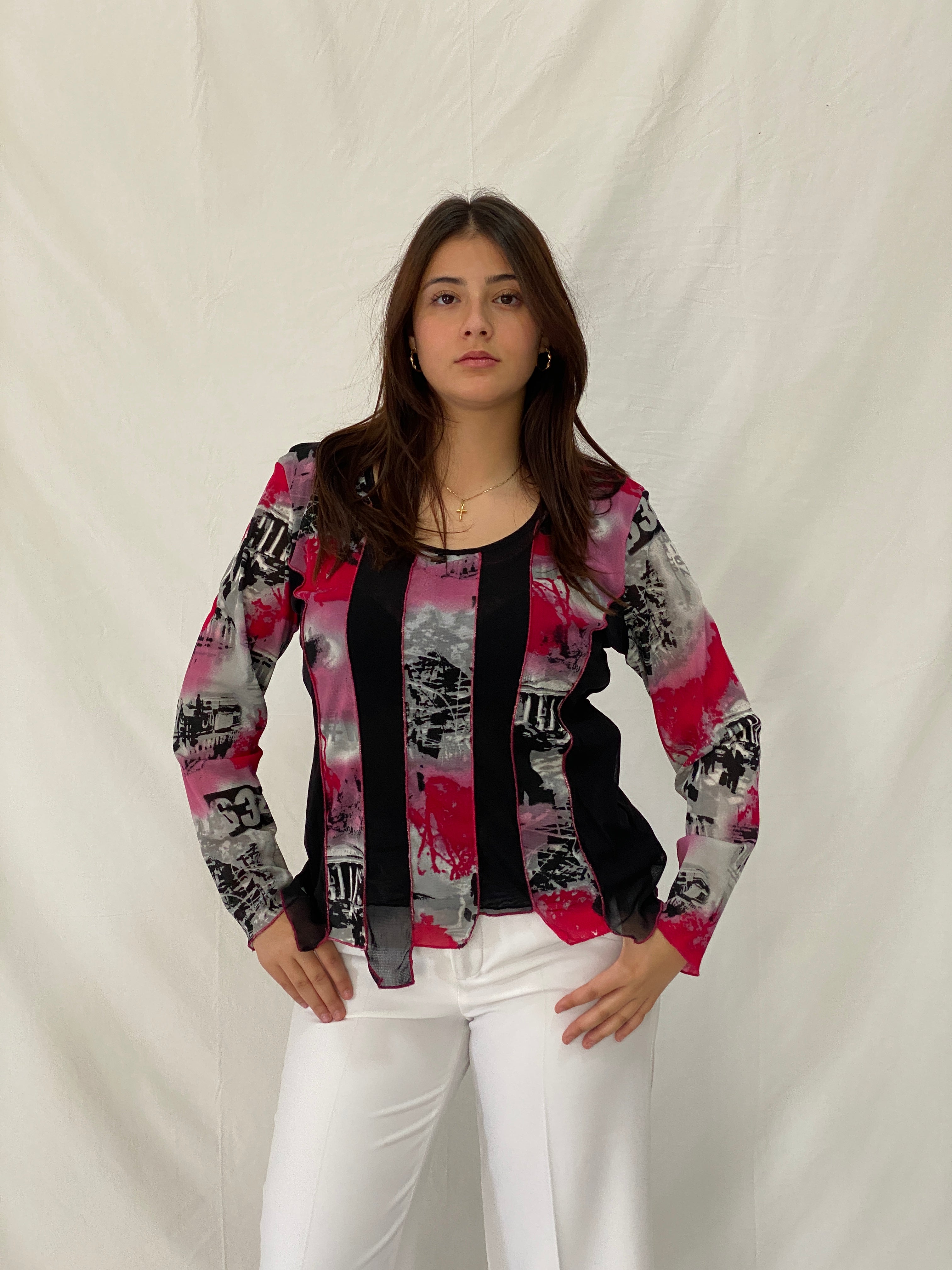 Vintage WARWICK JONES Black & Pink Striped Graphic Mesh Top - L