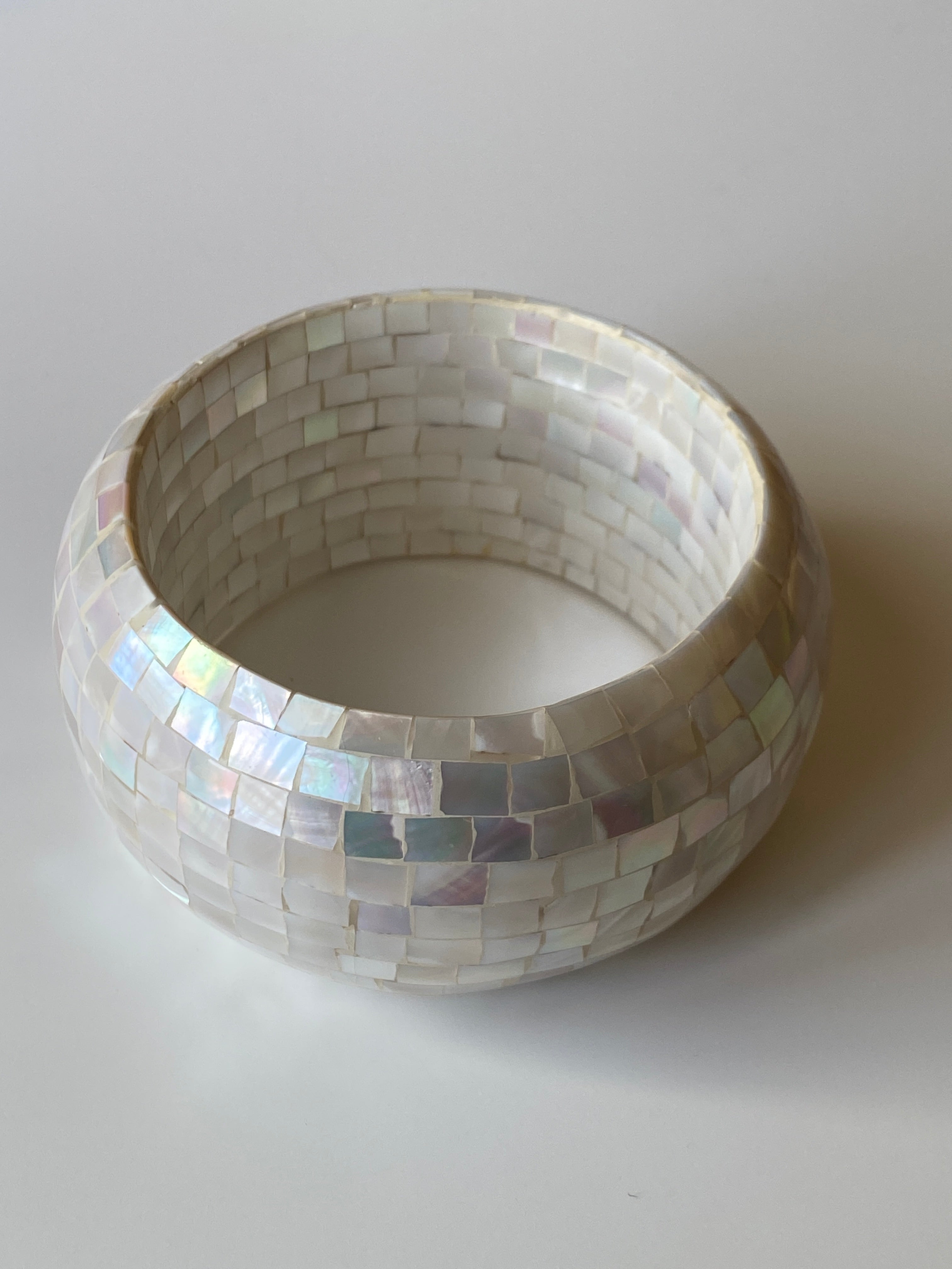Vintage Mother of Pearl Mosaic Bangle Bracelet Iridescent Shell Inlay Statement Cuff
