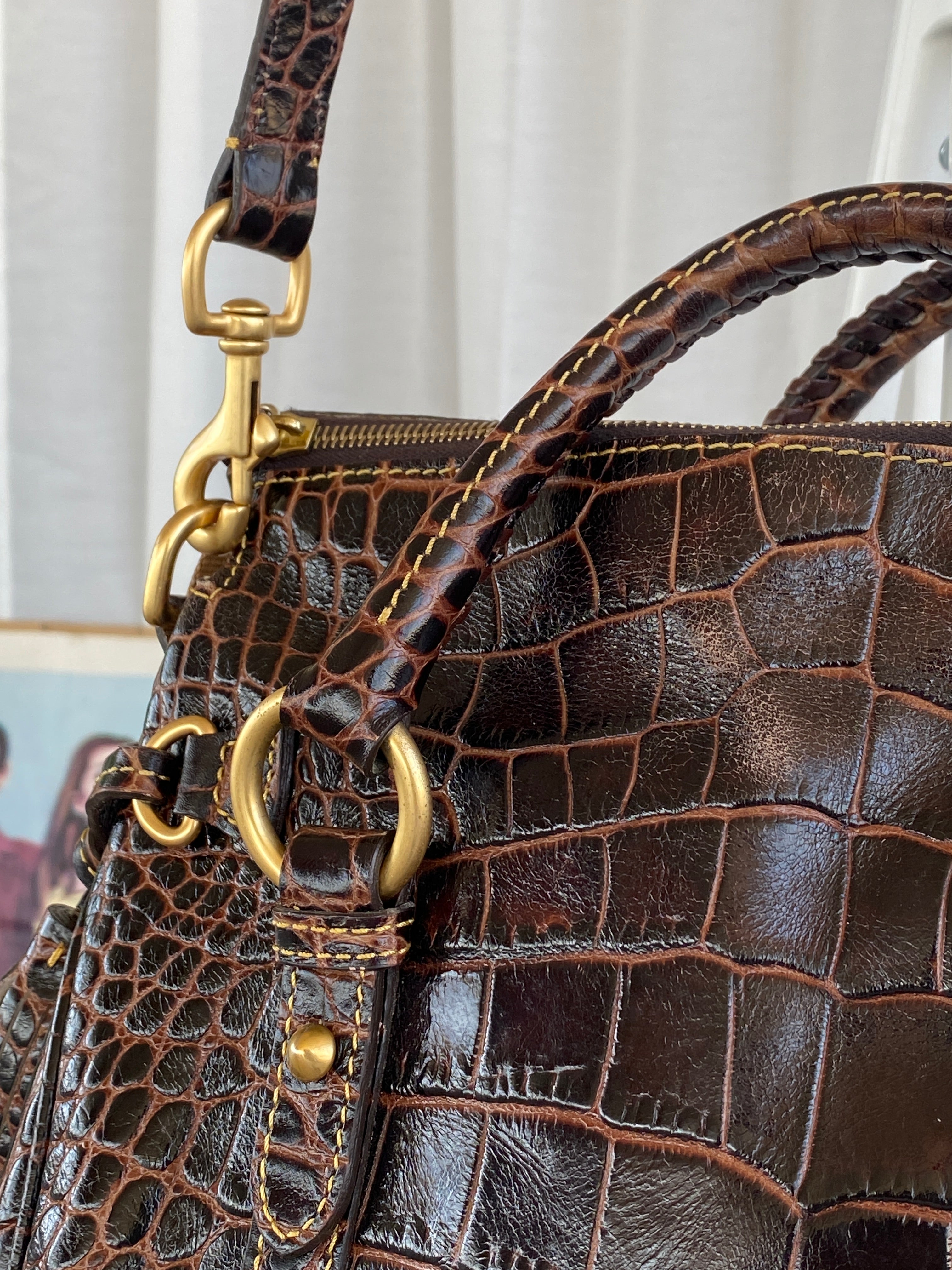 Dooney & Bourke Brown Croc Print Designer Hand Bag with Side Tassels and Gold Details