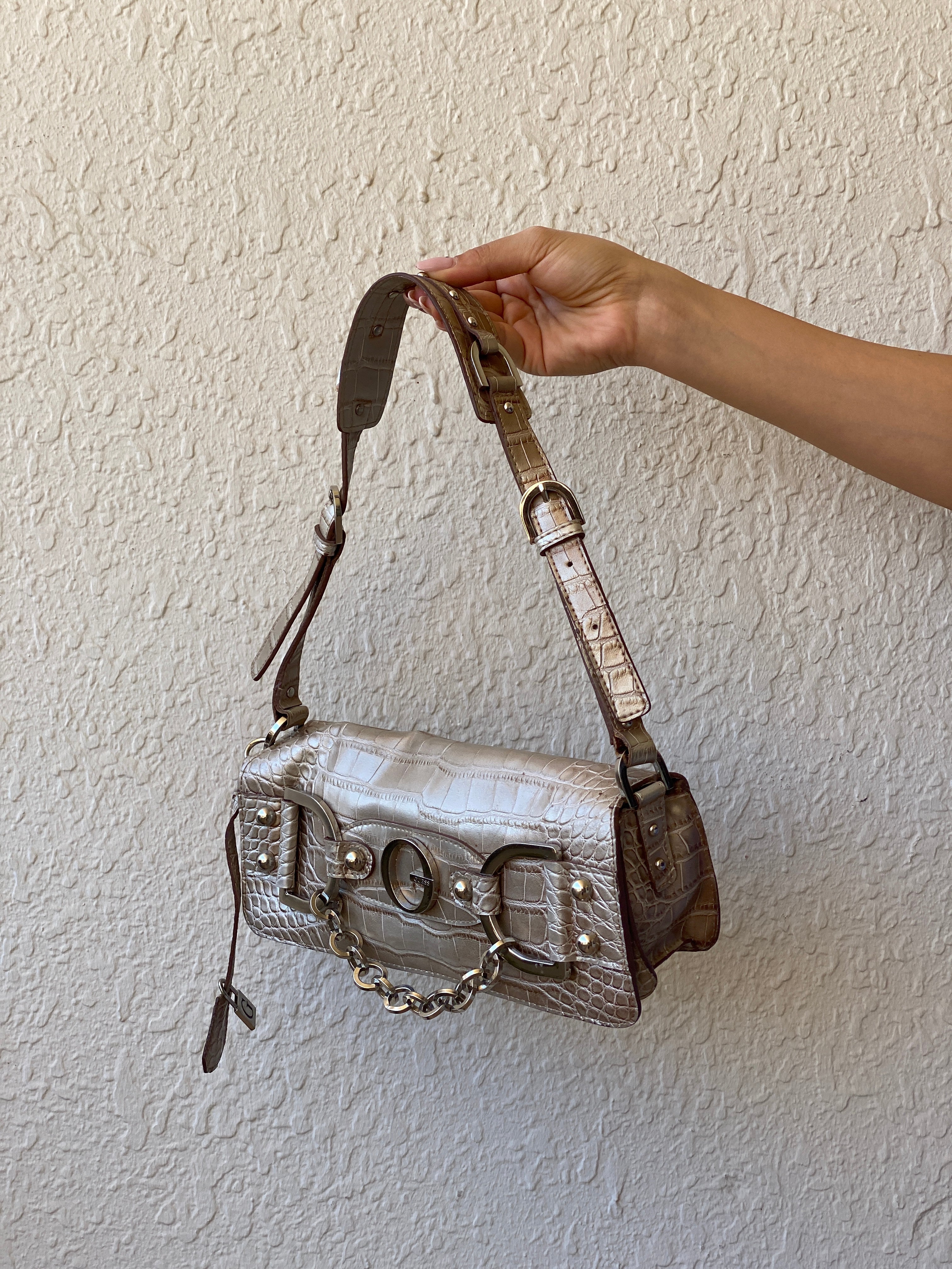 Y2K Guess Croc-Embossed Taupe Leather Shoulder Bag