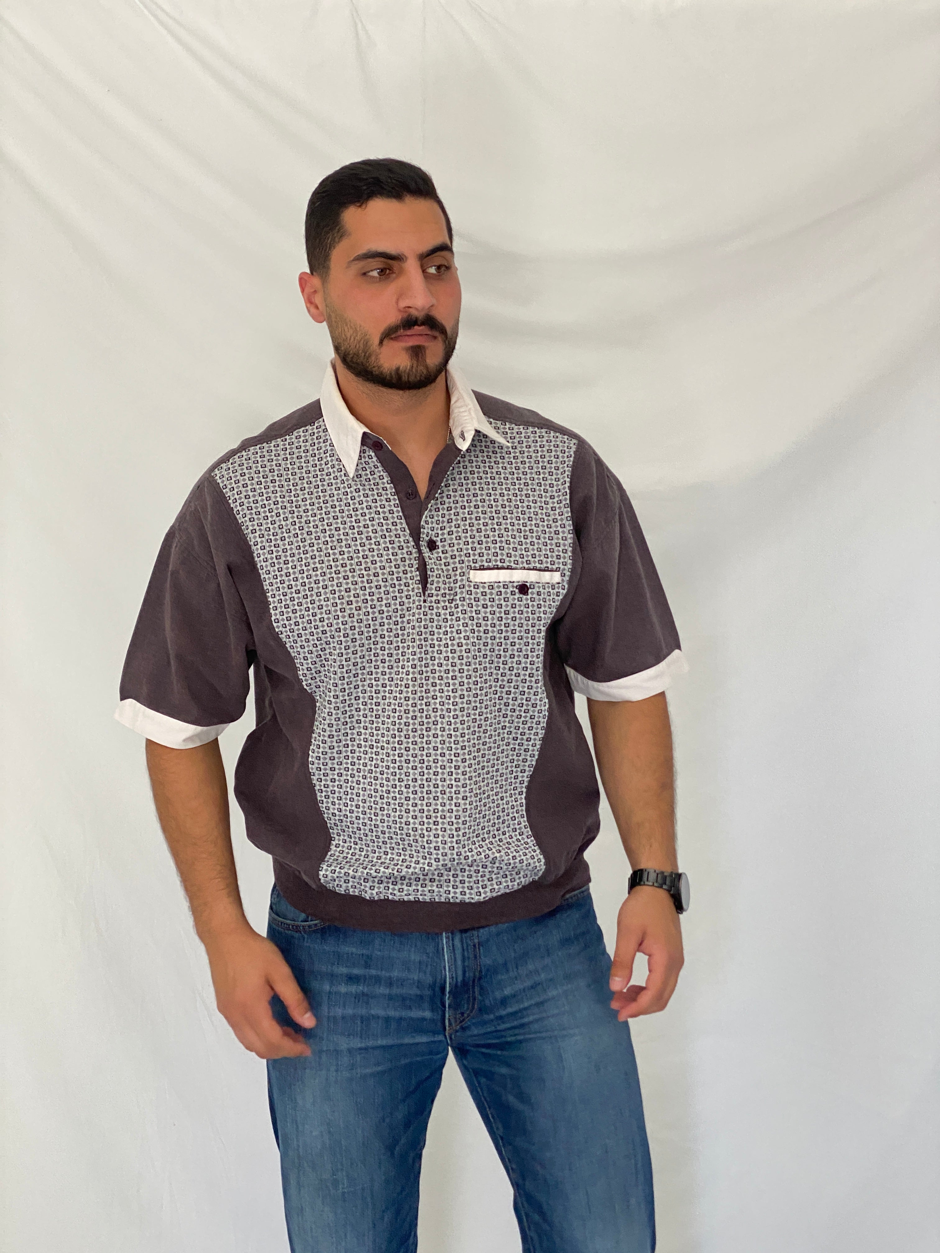 Vintage 90s II SPORT Brown & White Men’s Patterned Polo Shirt – L