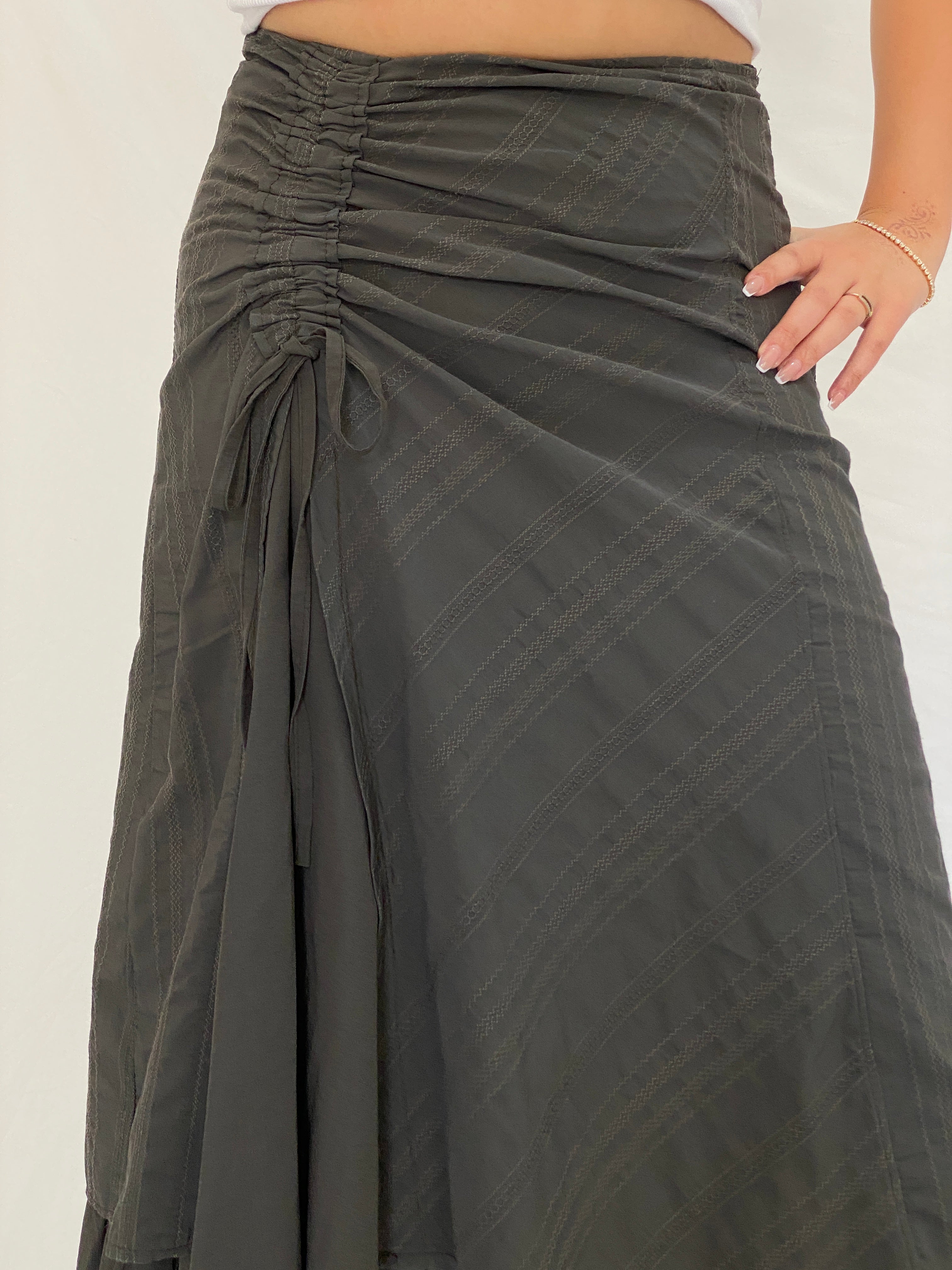 Y2K Whimsigoth Olive Green Ruched Layered Utility Midi Skirt – L