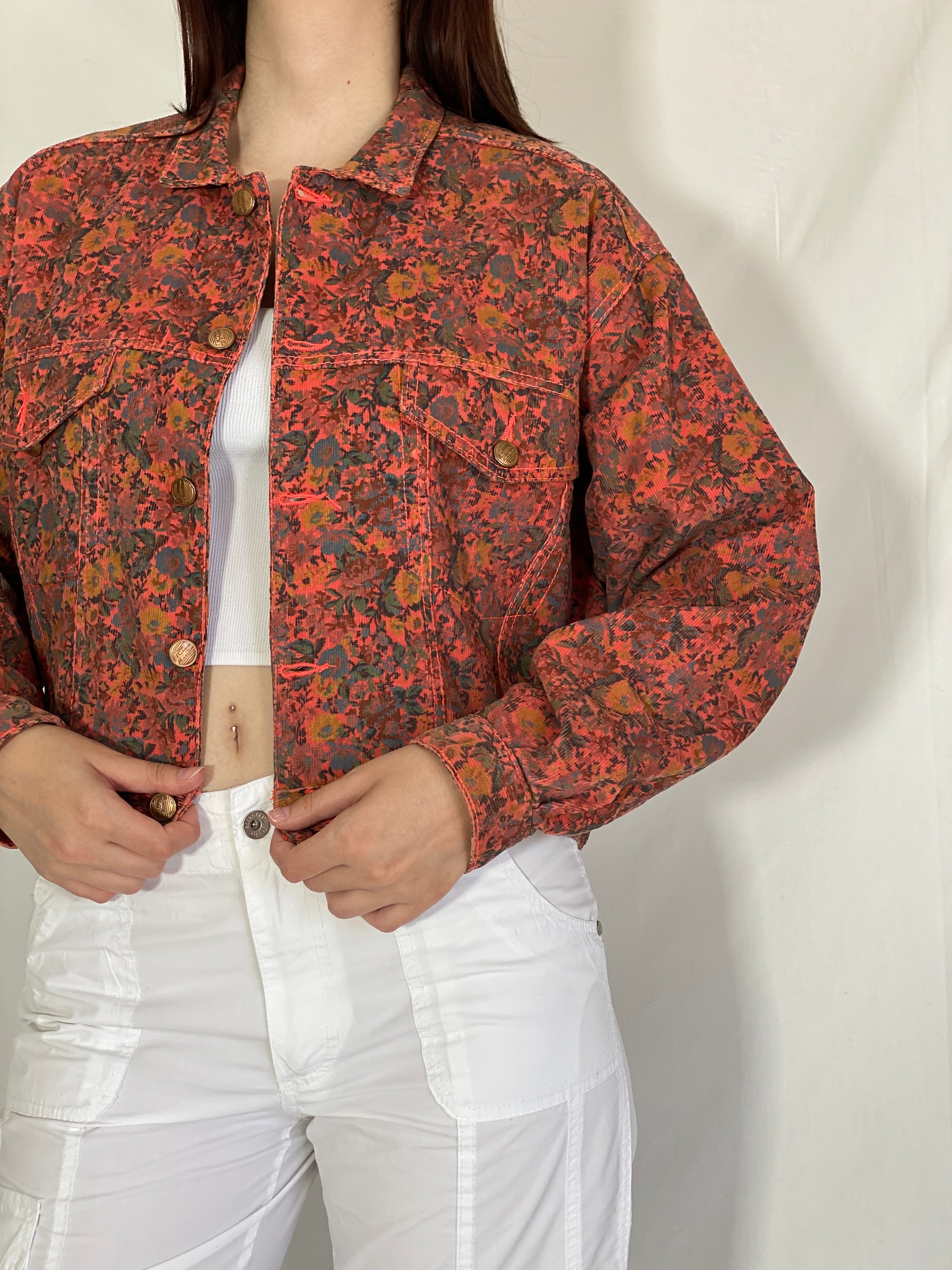 Vintage 90s Rita Marlow Cropped Oversized Floral Denim Jacket - L