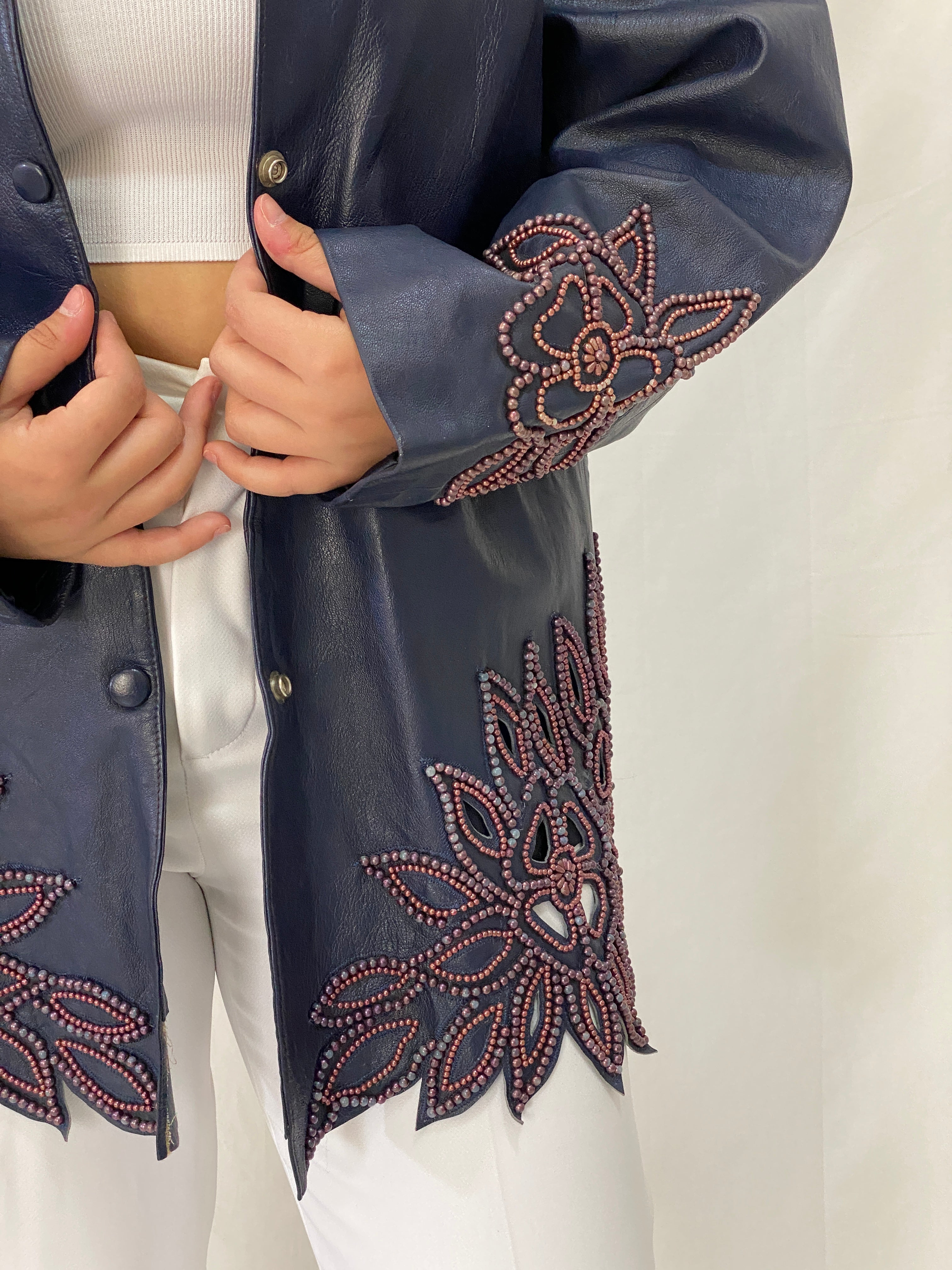 Vintage KOSHAR Genuine Leather Duster Coat Navy Beaded Cut-Out Floral Jacket - XL