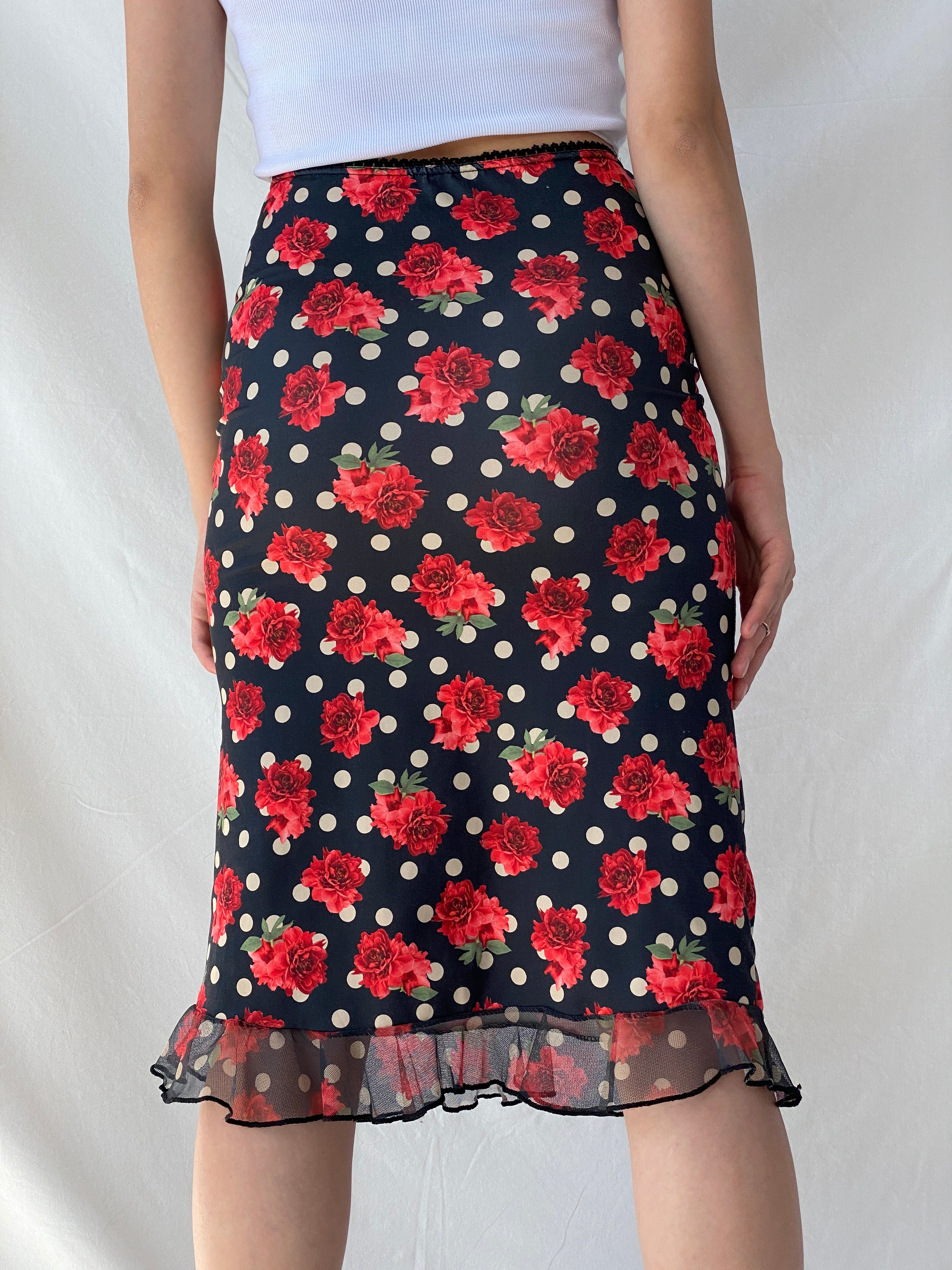 Vintage 90s Elite Club Floral Polka Dots Midi Fitted Skirt - M