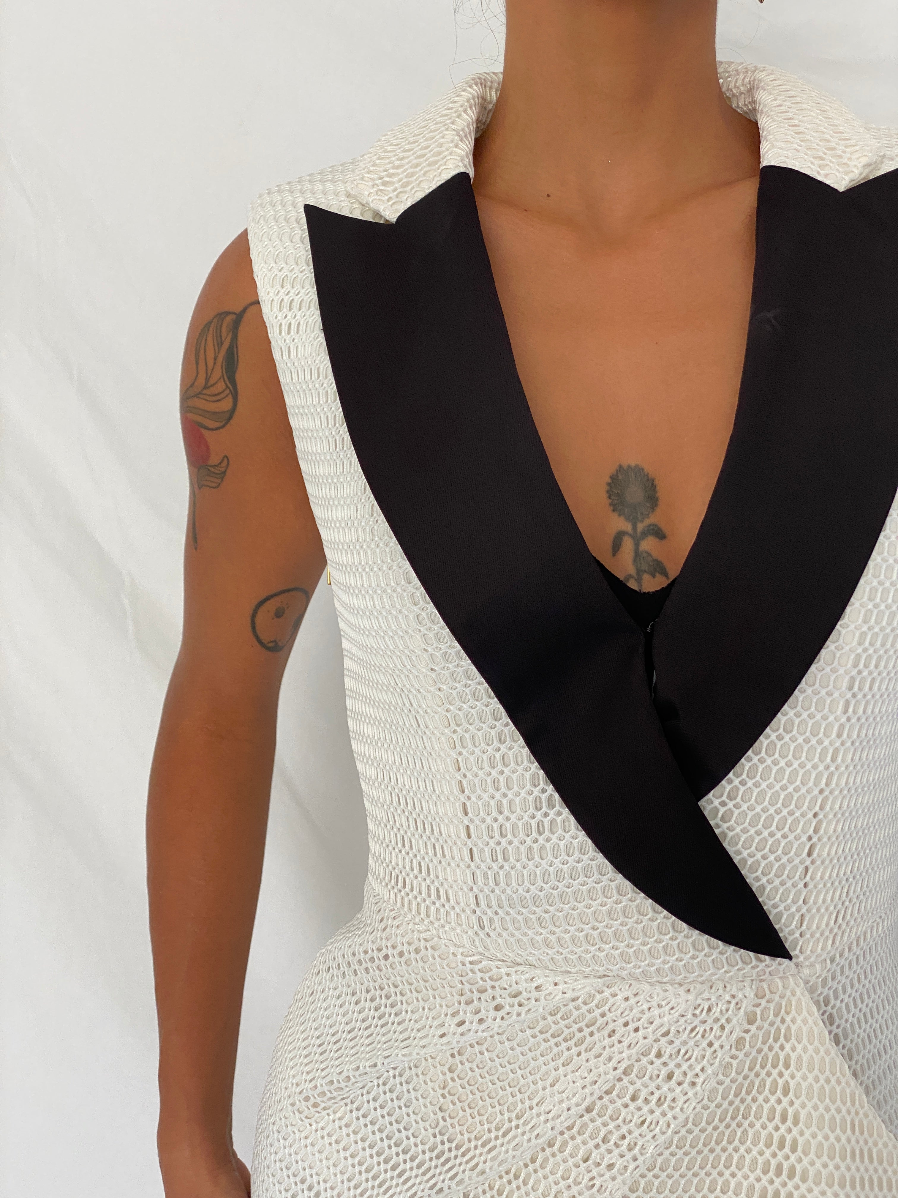 Self-Portrait White Mesh Black Lapel Asymmetric Tuxedo Mini Dress - XS