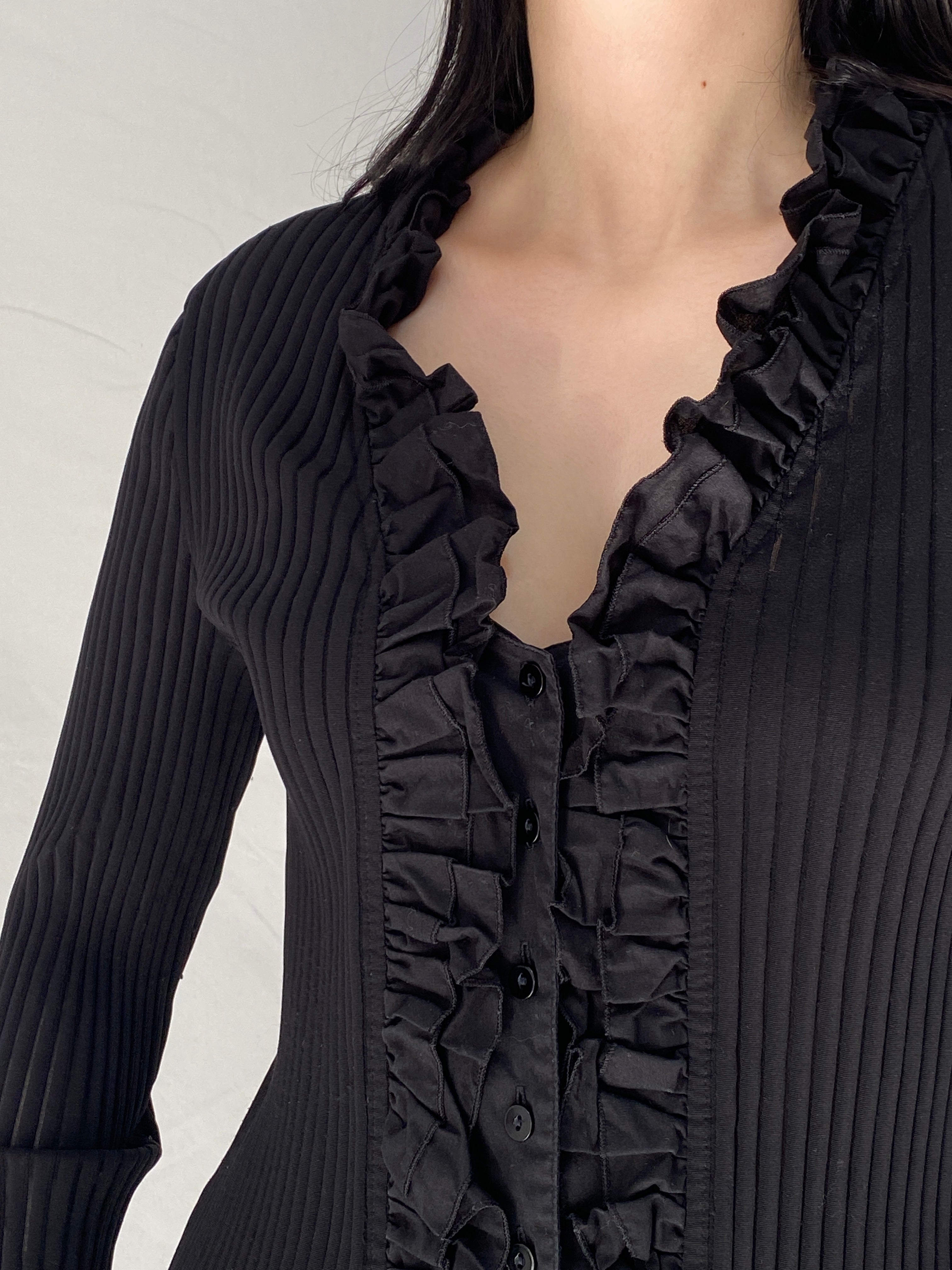 Y2K Taifun Black Ruffle Button-Up Cardigan Shirt Pleated Fitted Blouse