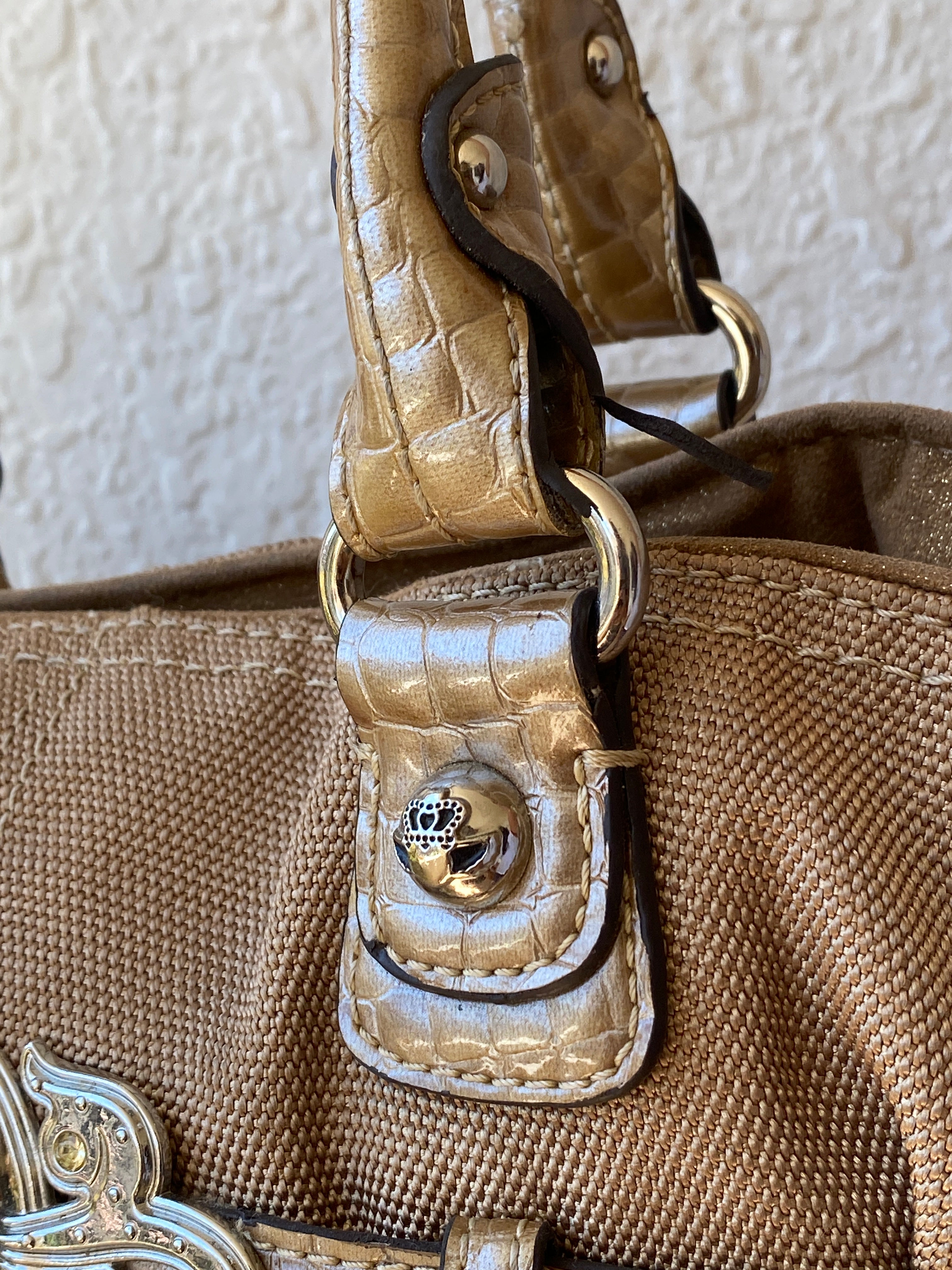 Vintage Y2K Kathy Van Zeeland Tan Canvas & Faux Croc Shoulder Tote Bag