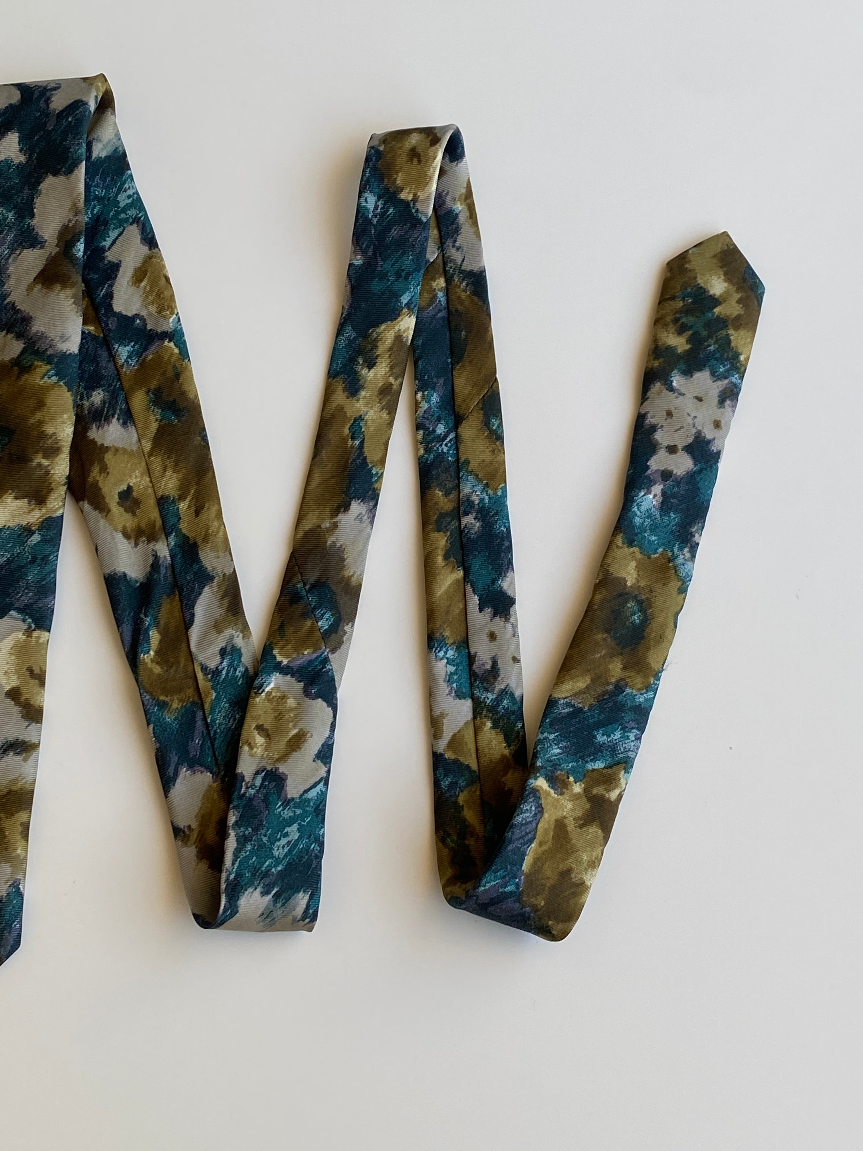 Vintage 1990s Peter von Holland Teal Olive 100% Silk Abstract Floral Necktie