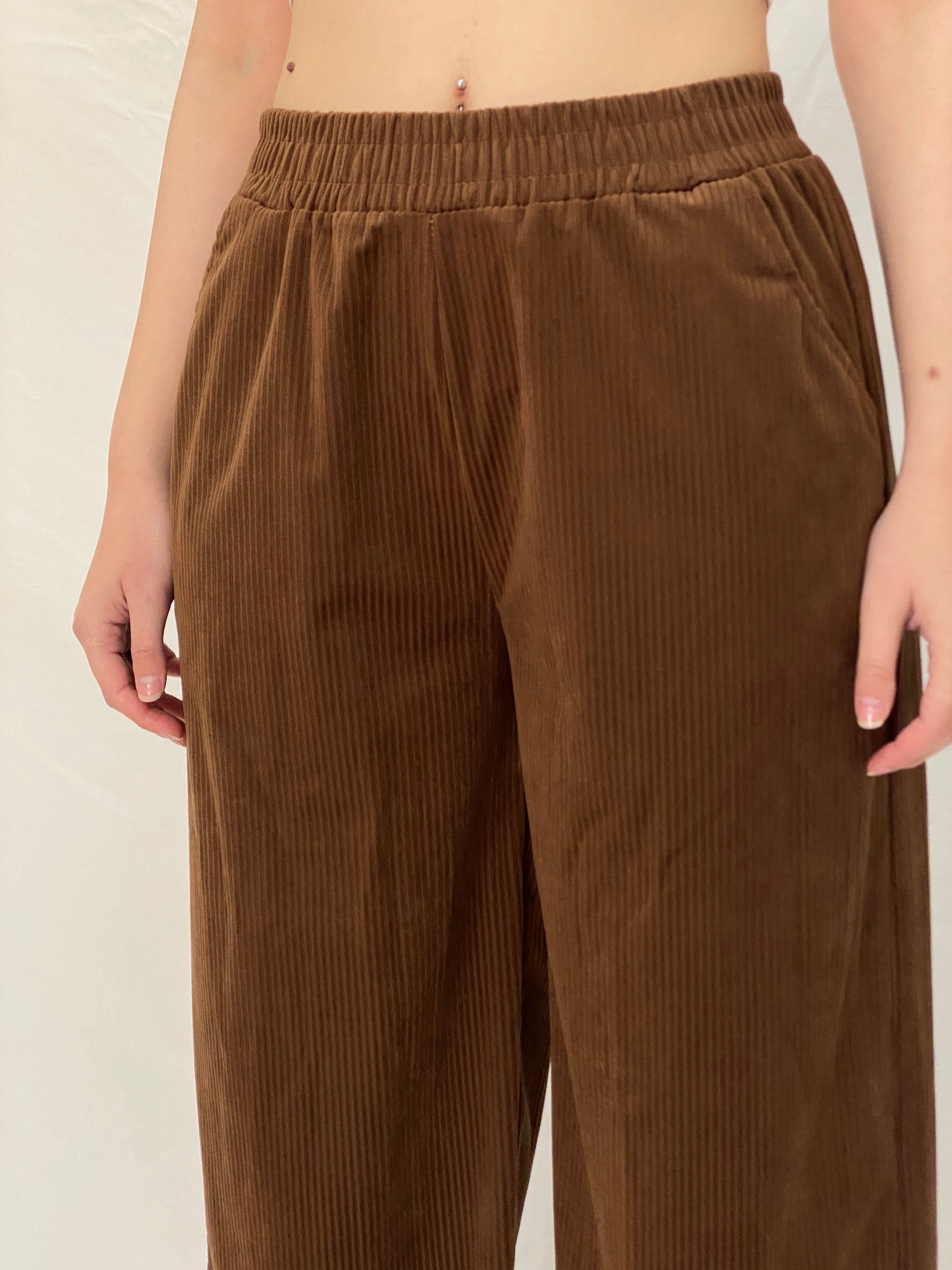 Handmade Brown Corduroy Pants Elastic Waist Trousers - M
