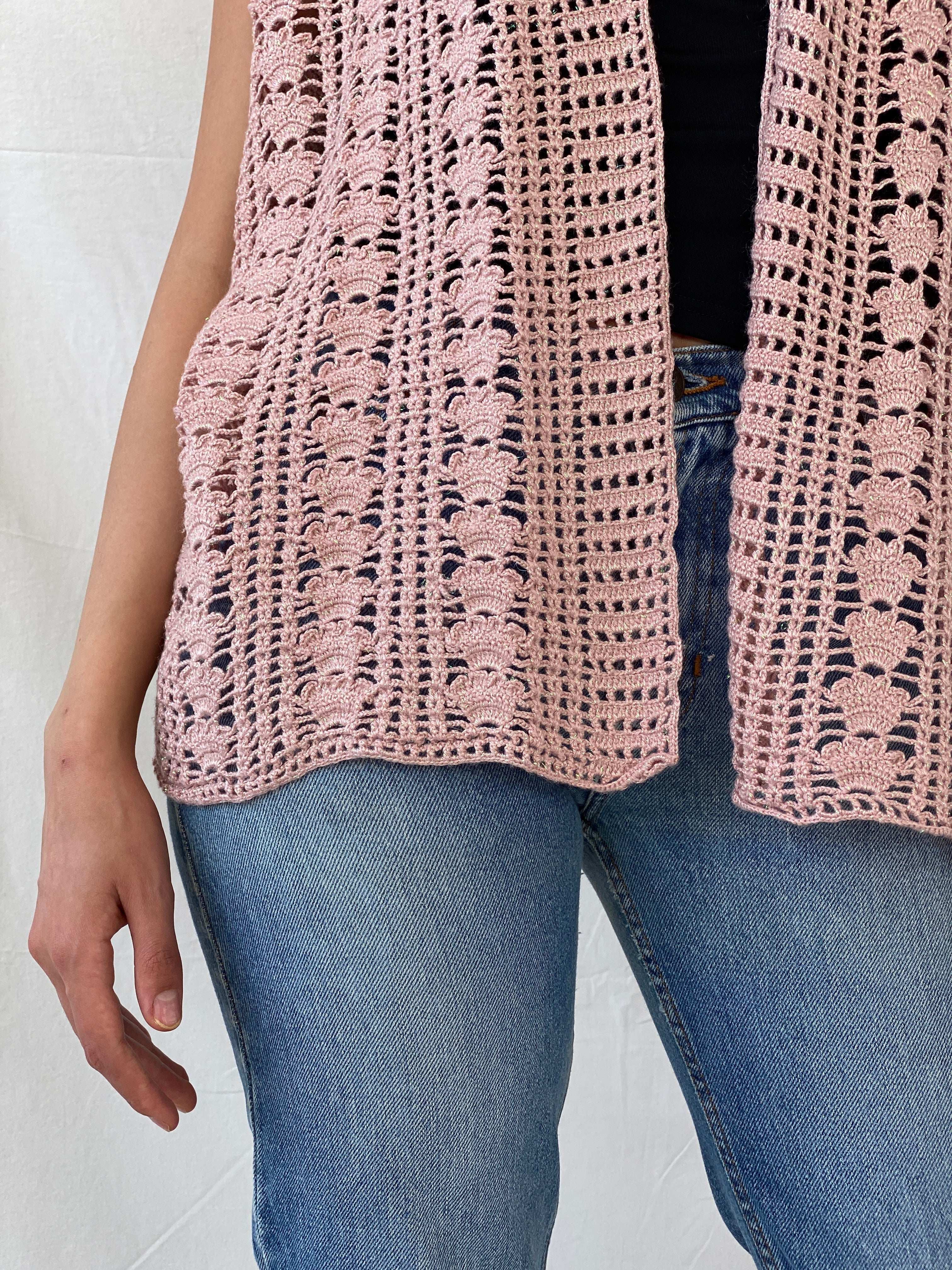 Vintage Handmade Shimmery Pink Knitted Crochet Vest - XL