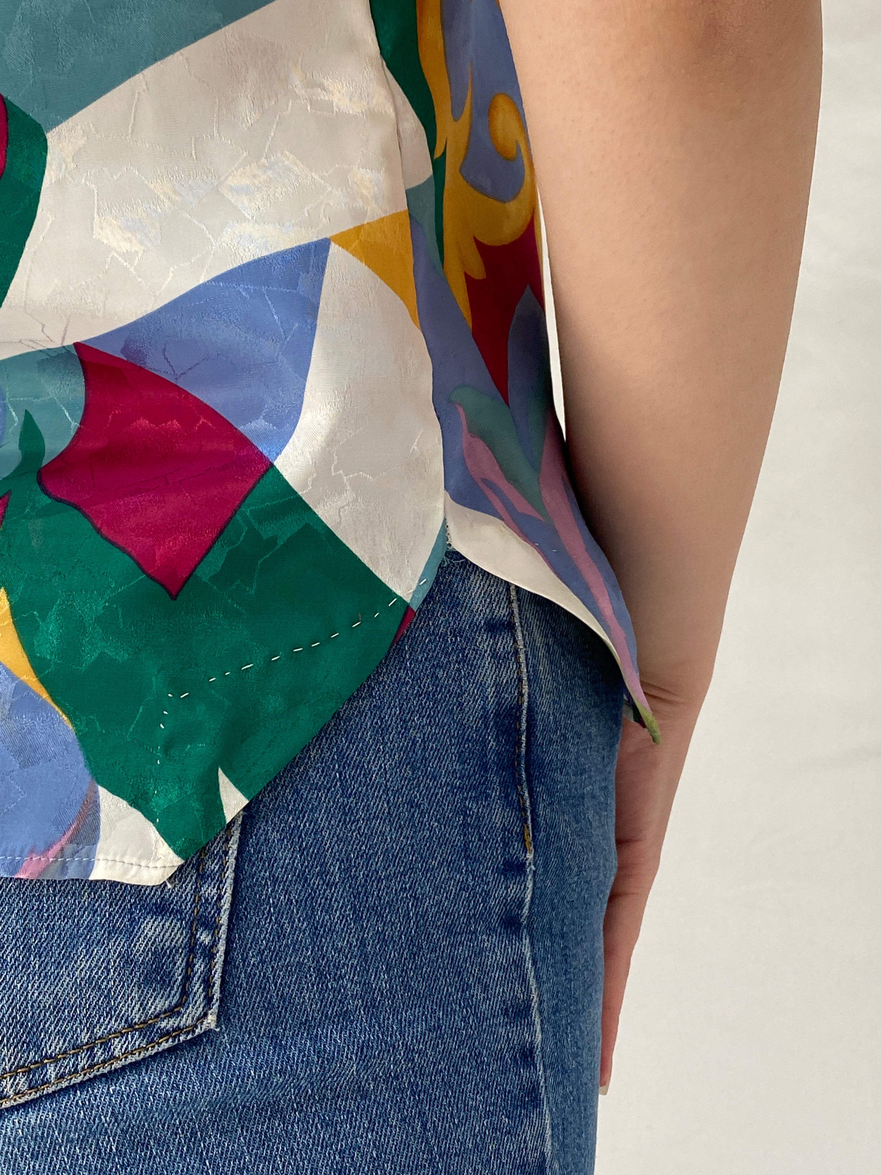 Vintage 90s Philippe Marques Abstract Print Structured Shoulder Short Sleeve Top - M