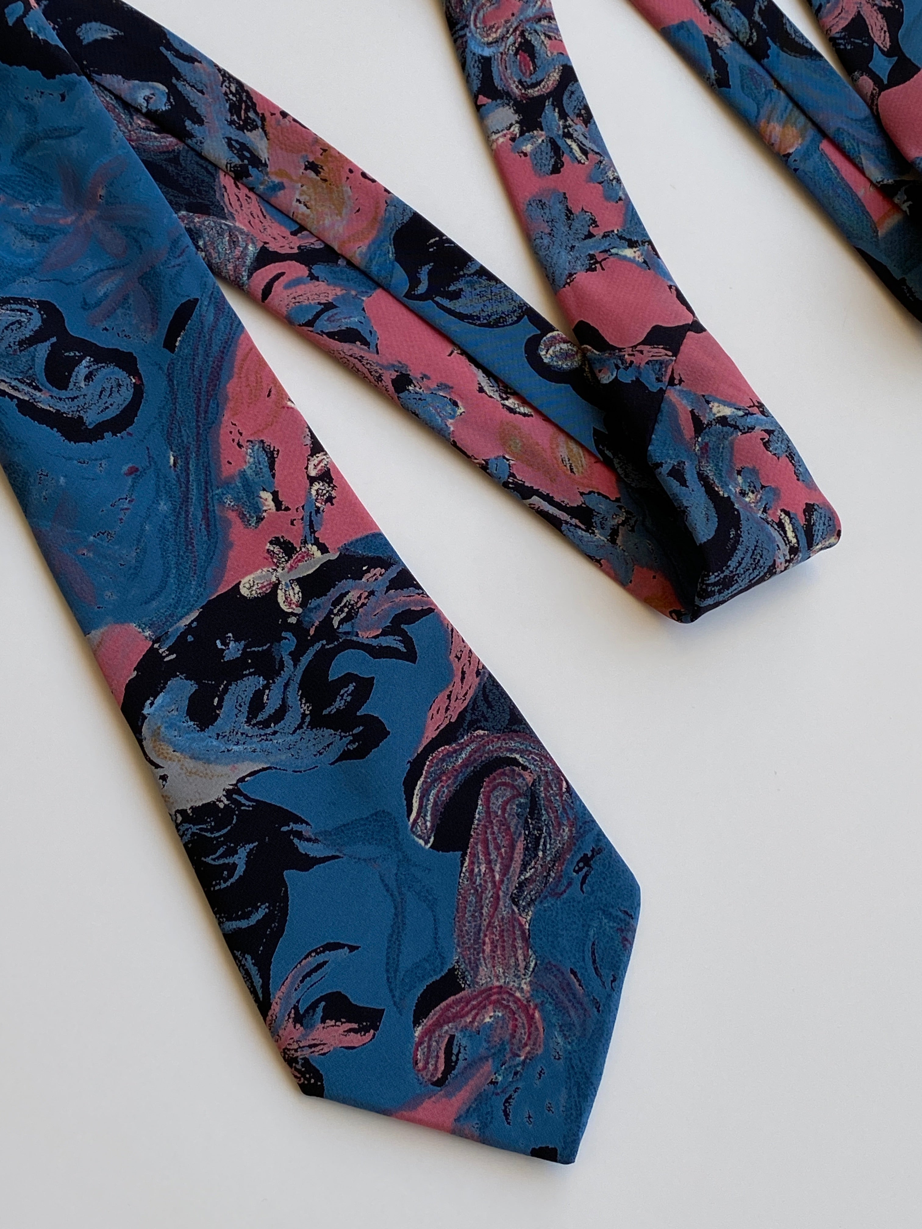 Vintage 1990s Made in Germany Blue Pink Abstract Floral Necktie