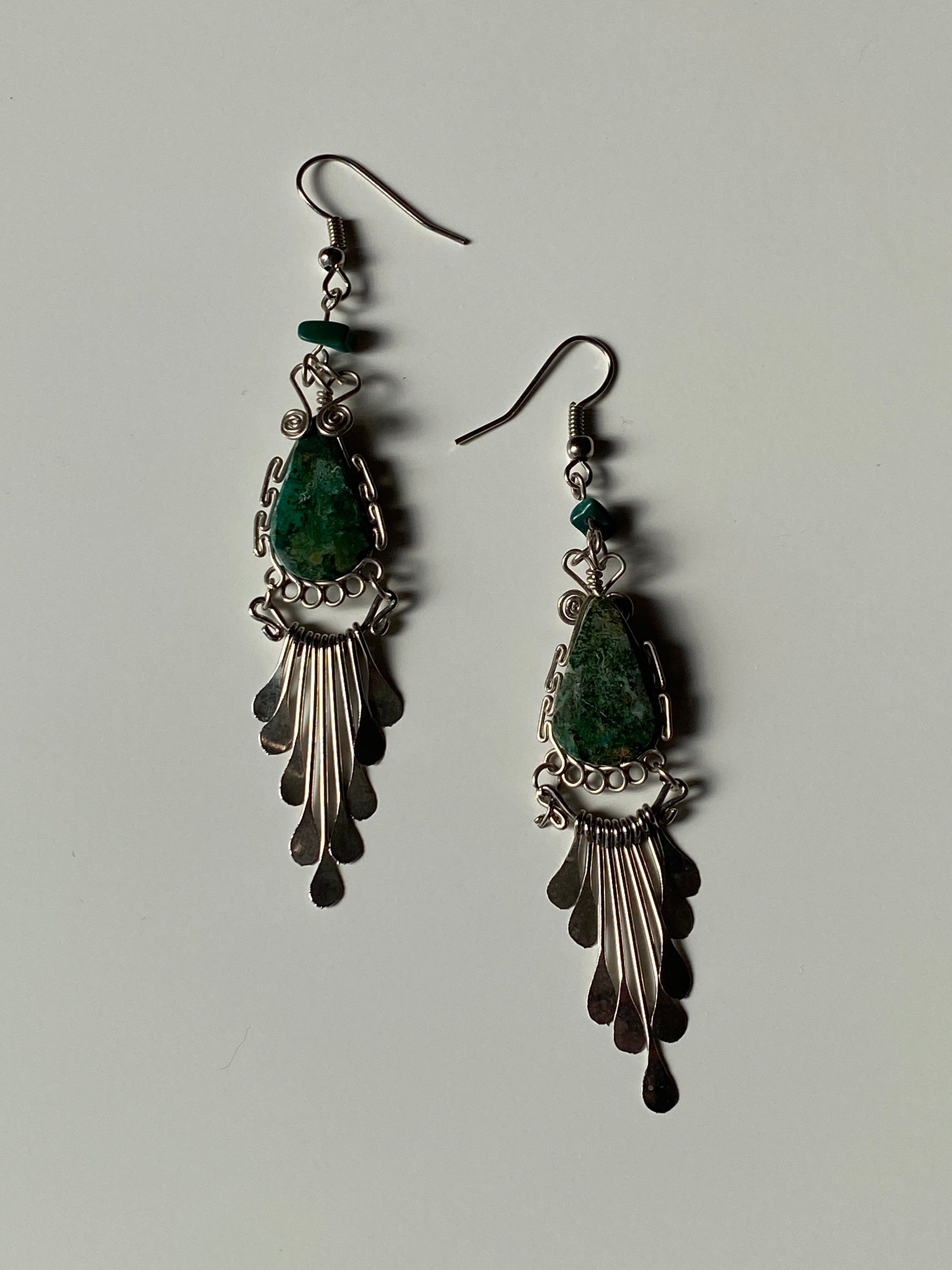 Artisan Wire-Wrapped Stone Drop Earrings – Green Turquoise-Tone with Silver Fringe Dangles
