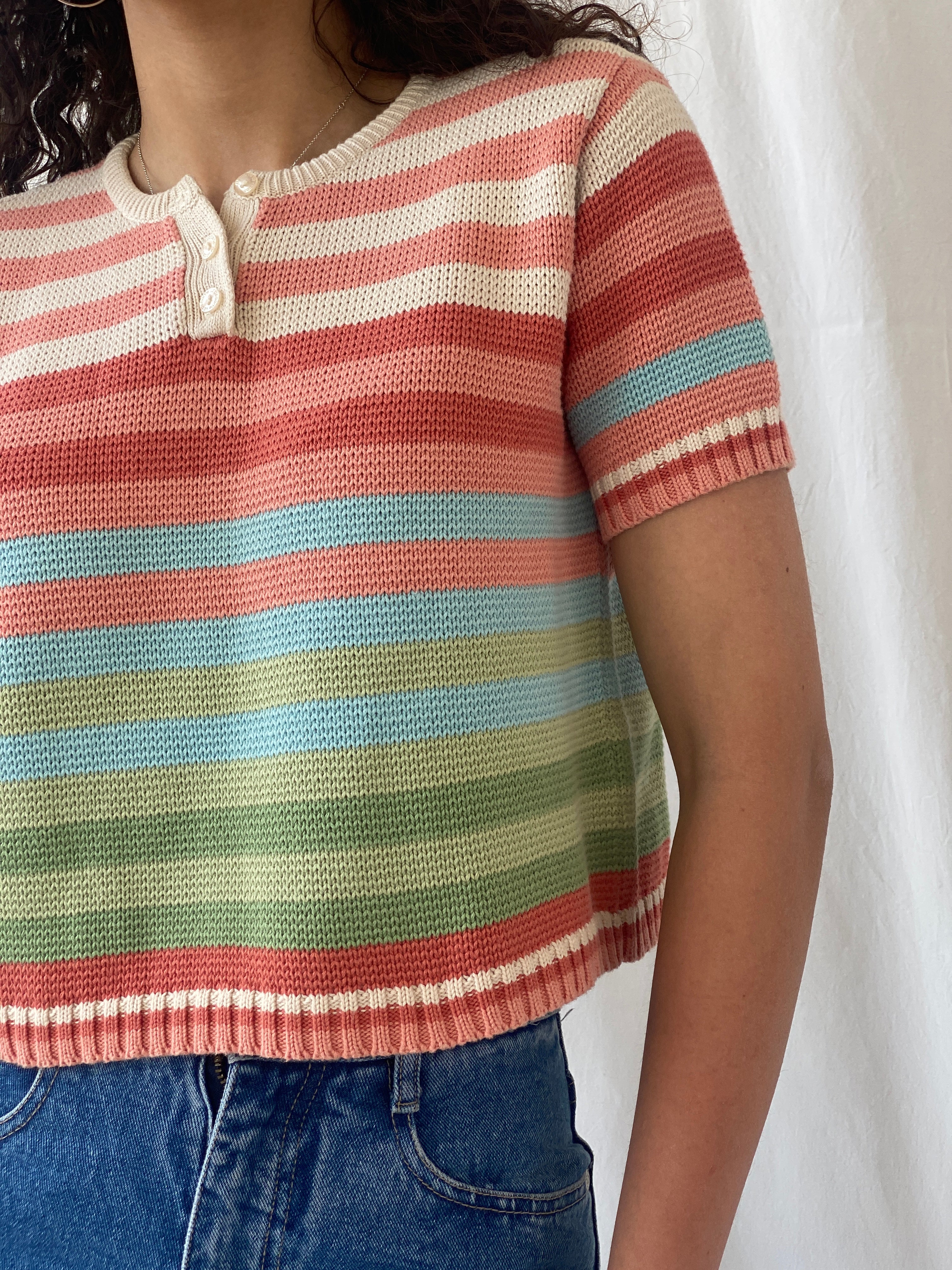 Y2K Liz Claiborne Lizwear Striped Pastel Pink Knitted Cotton Top - S