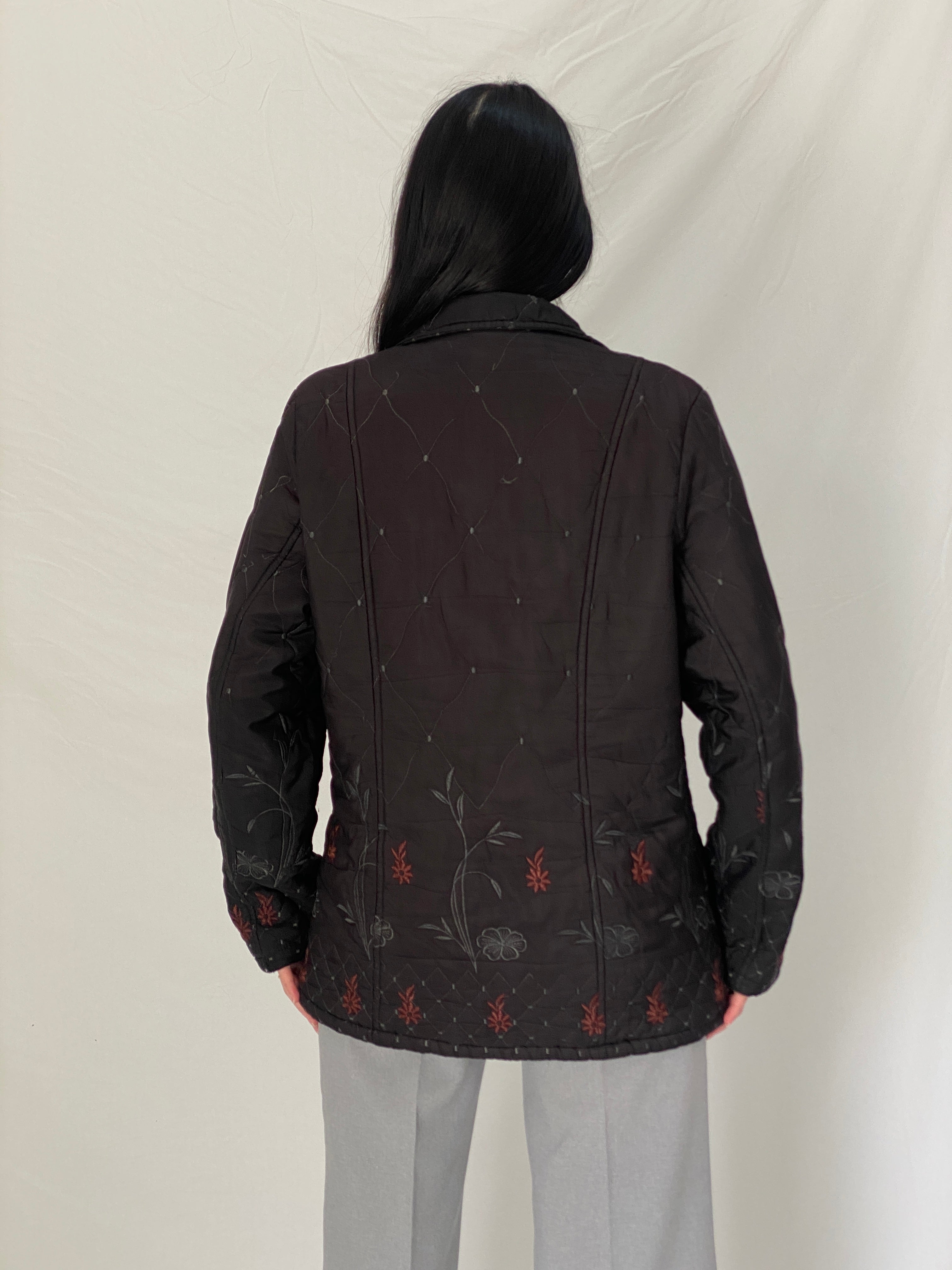 Vintage 90s Motuoren Black Quilted Embroidered Floral Lightweight Padded Jacket Coat - M