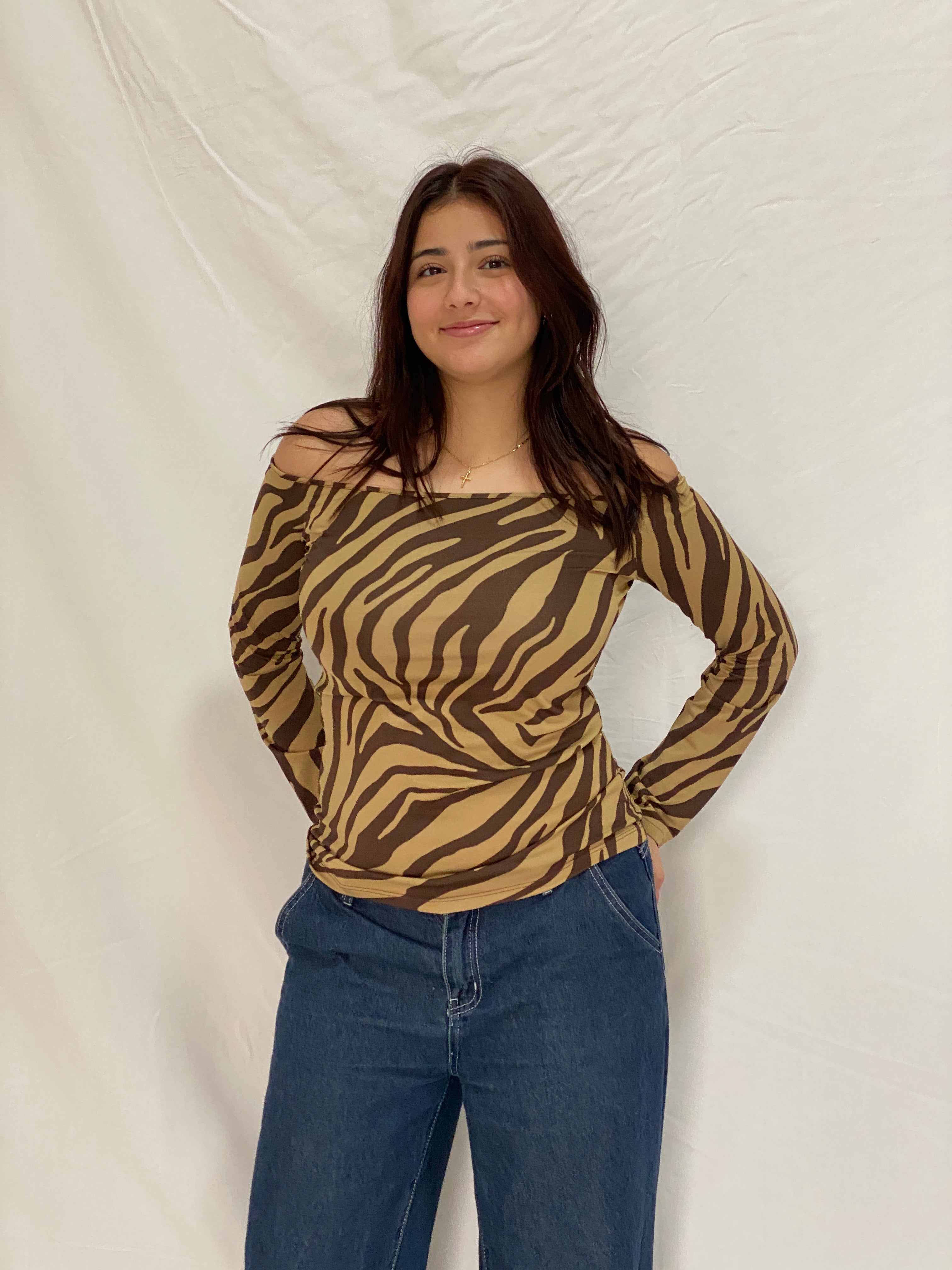 Vintage Juan Brise Brown Zebra Print Off-Shoulder Long Sleeve Stretch Top - L