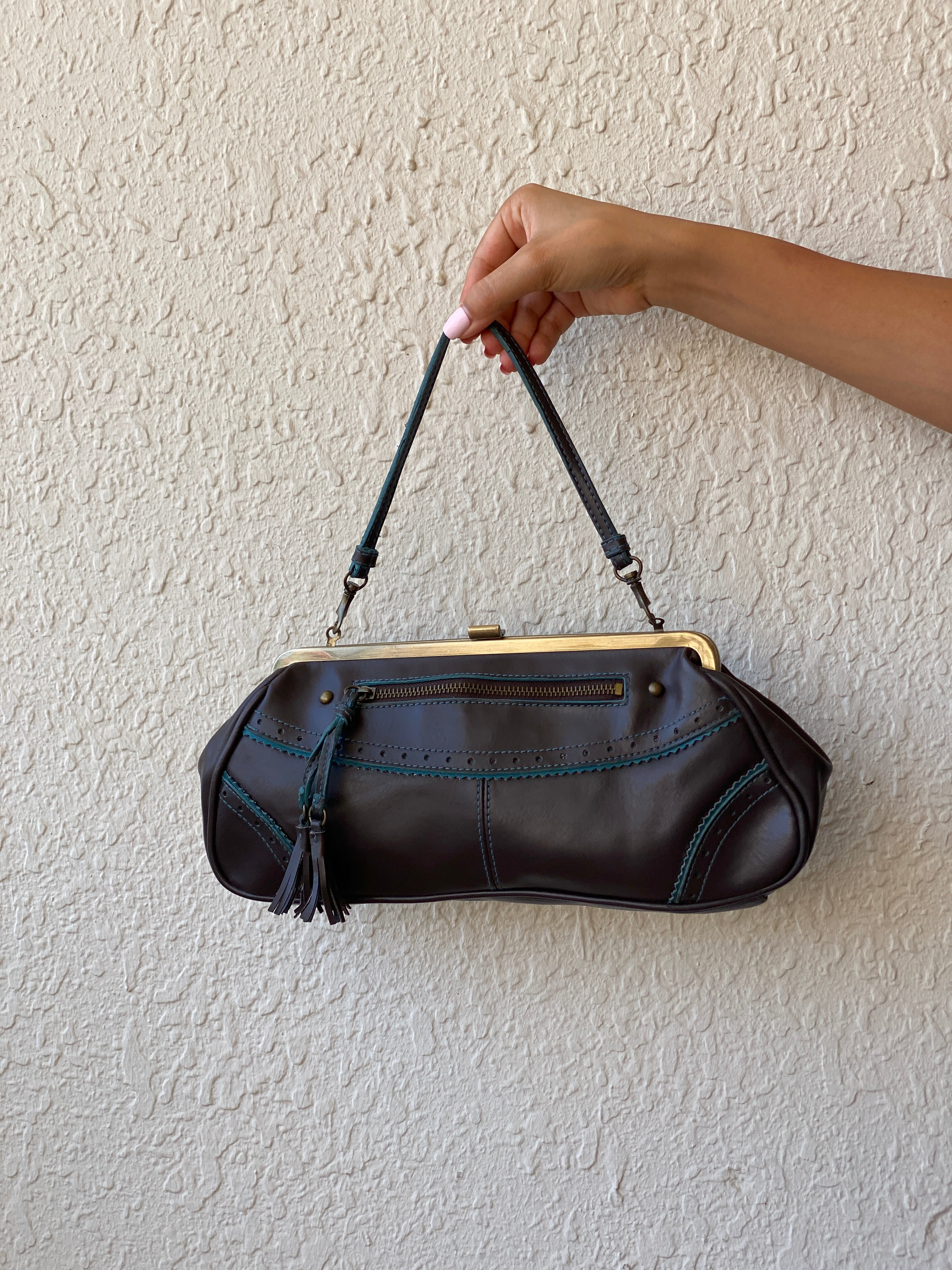 Vintage Y2K Worthington Brown PVC Teal Trim Frame Shoulder Bag