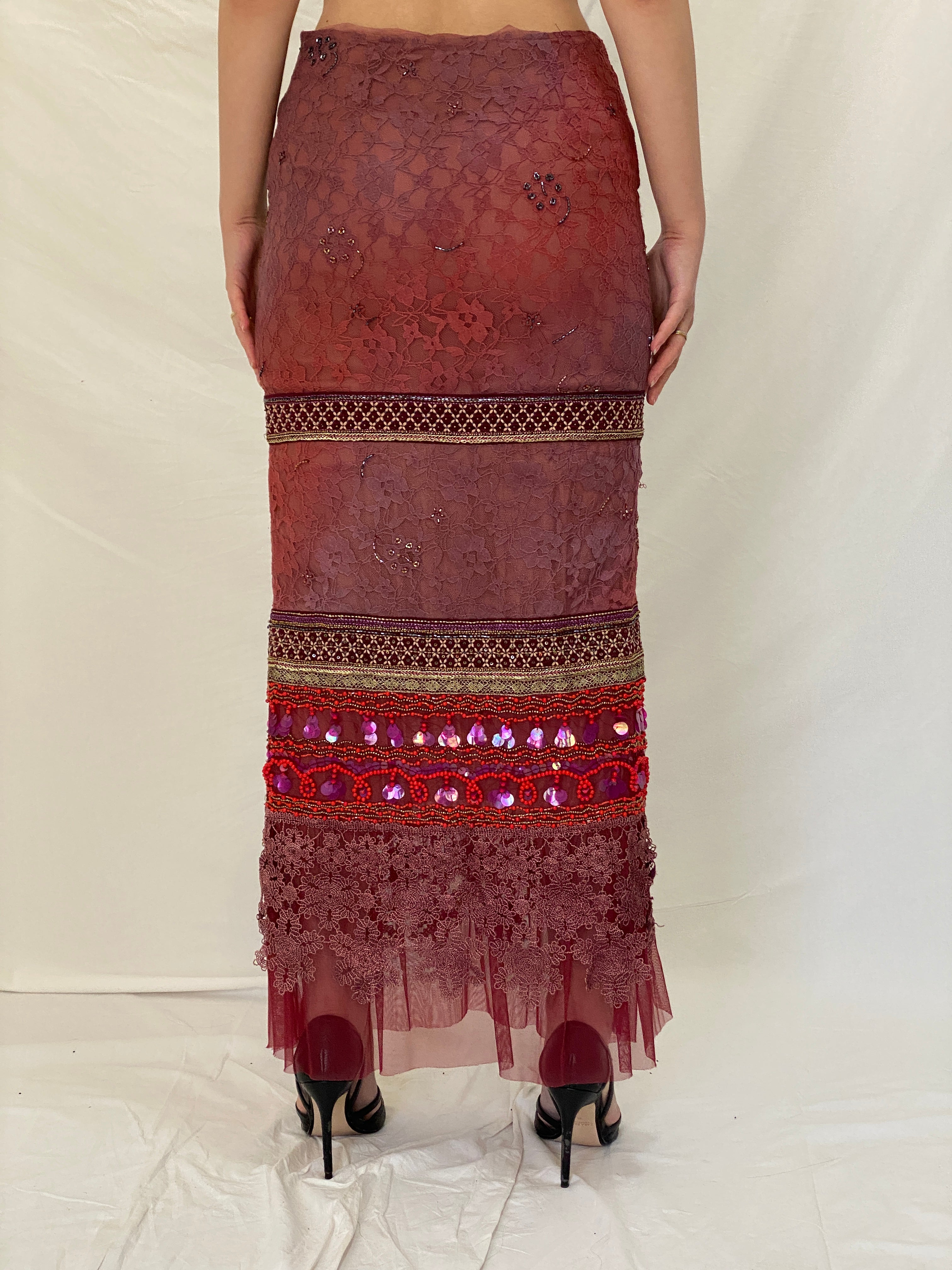 BRITISHINDIA Limited Edition Embellished Lace Maxi Skirt with Beaded Panels & Side Slit -S