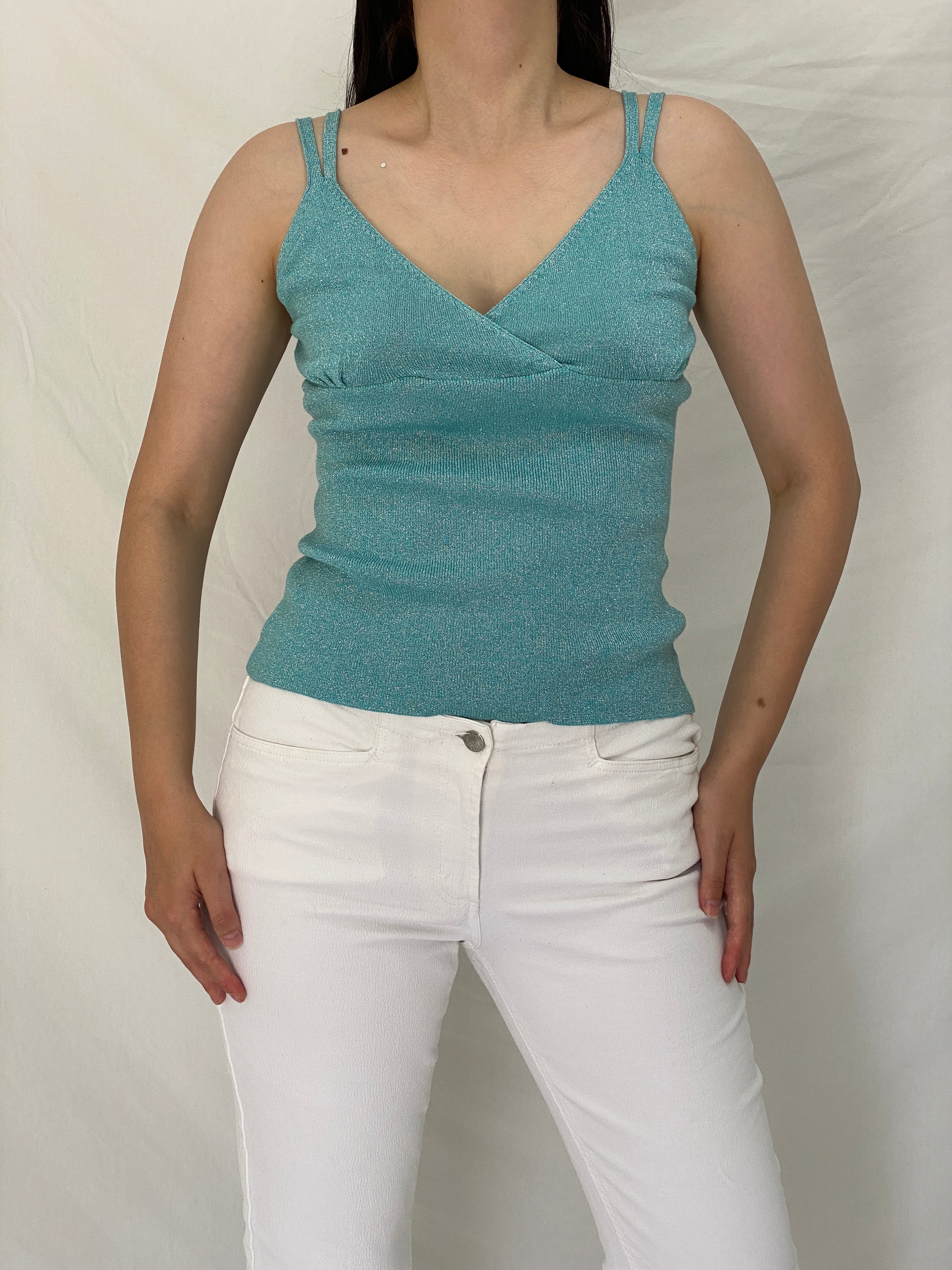 Vintage Y2K Aqua Blue Metallic Lurex Knit Double Strap Cami Top - M