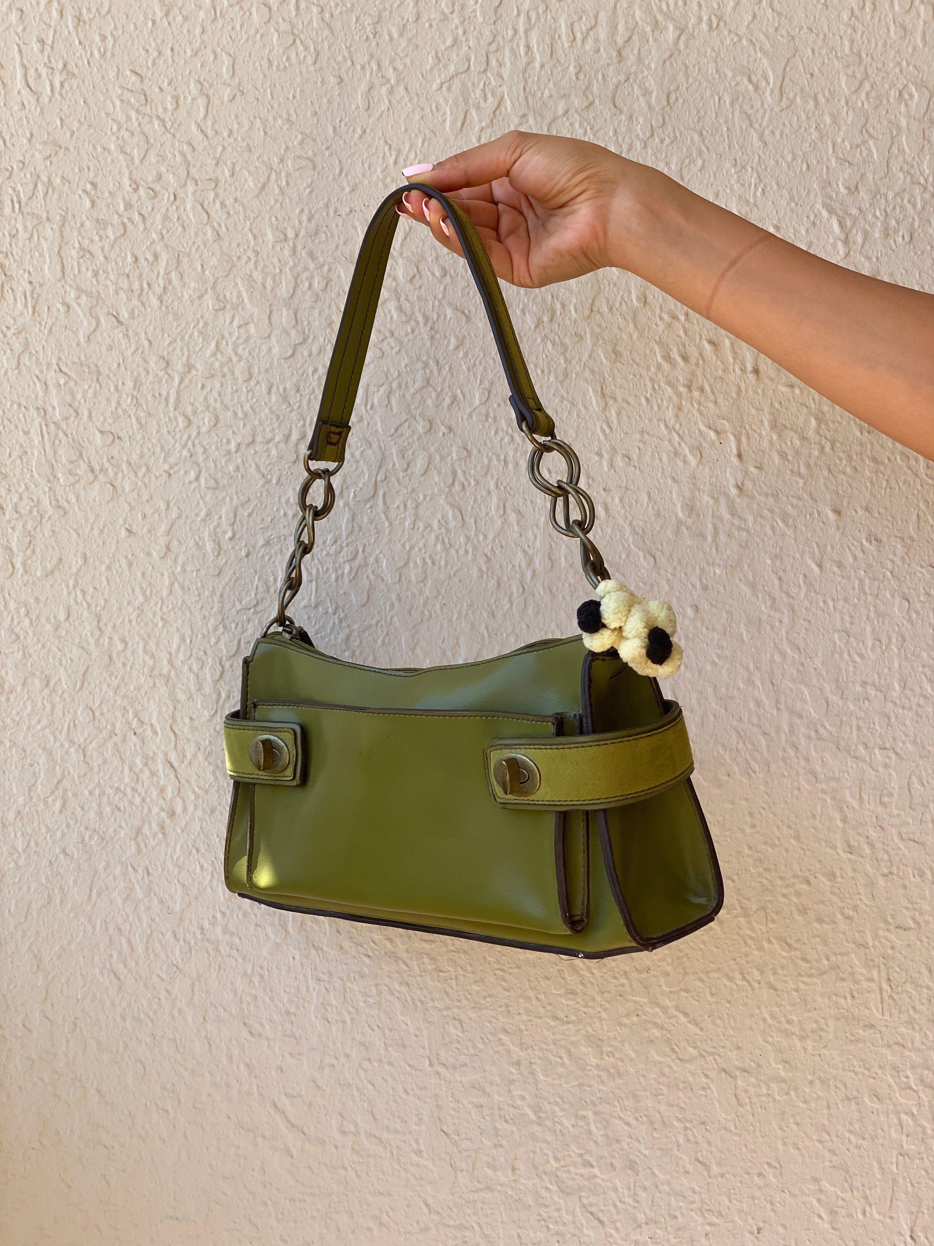 Vintage Emillie M. Green Faux Leather Shoulder Bag with Chain Strap