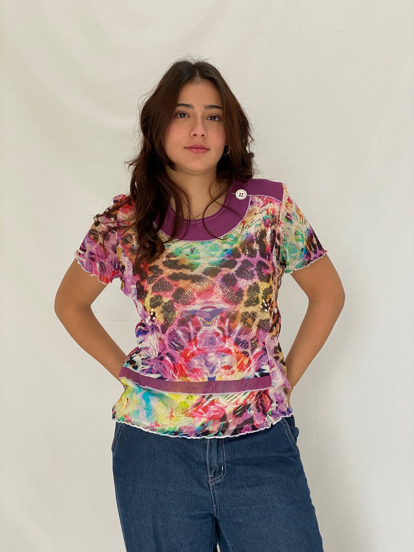 Vintage 90s Gevana Made in France Mesh Print Top Colorful Sheer Abstract Leopard Tee - L