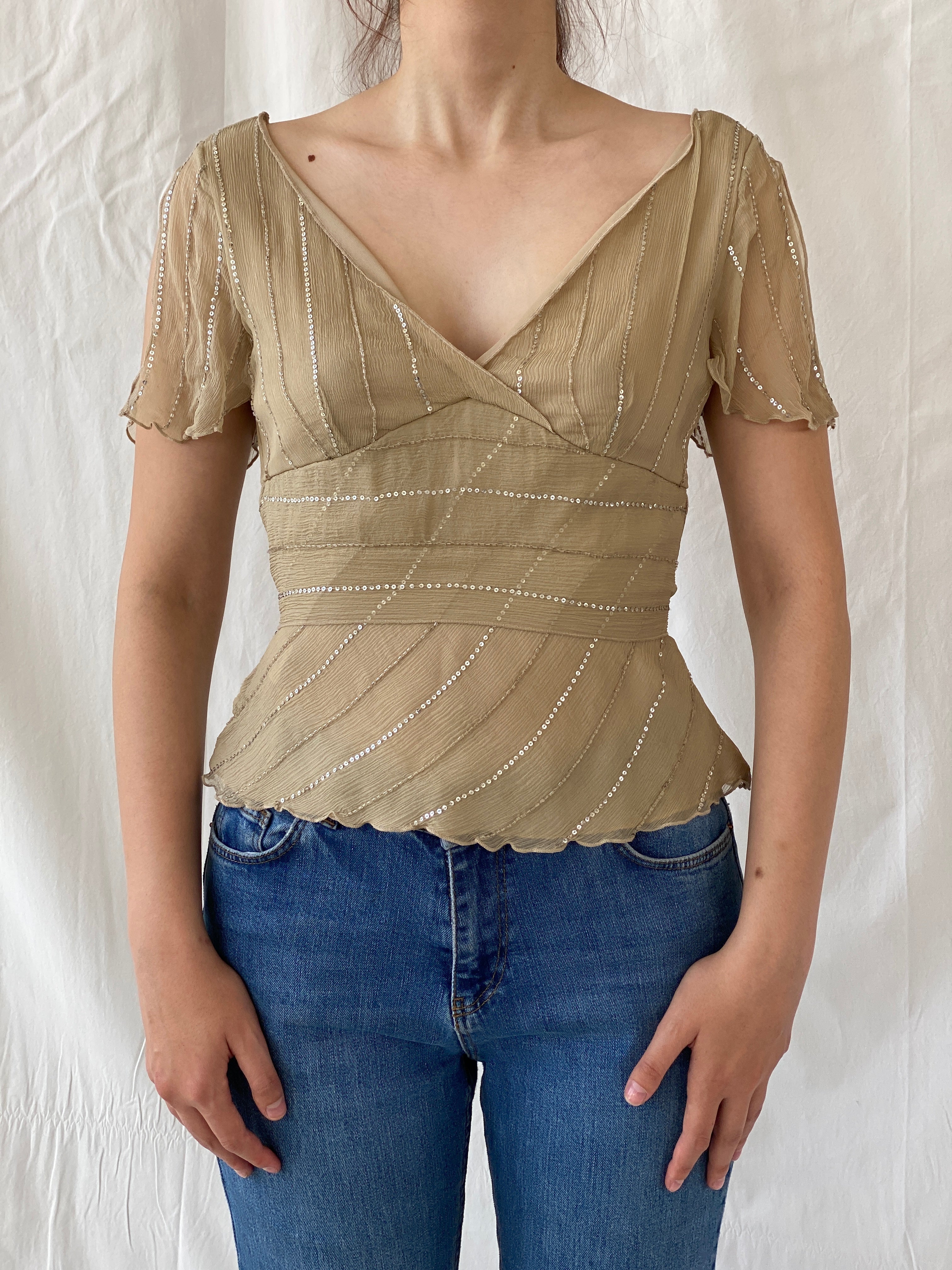 Y2K Massimo Dutti Silk Sequined beaded Half Sleeve Women’s Top - M