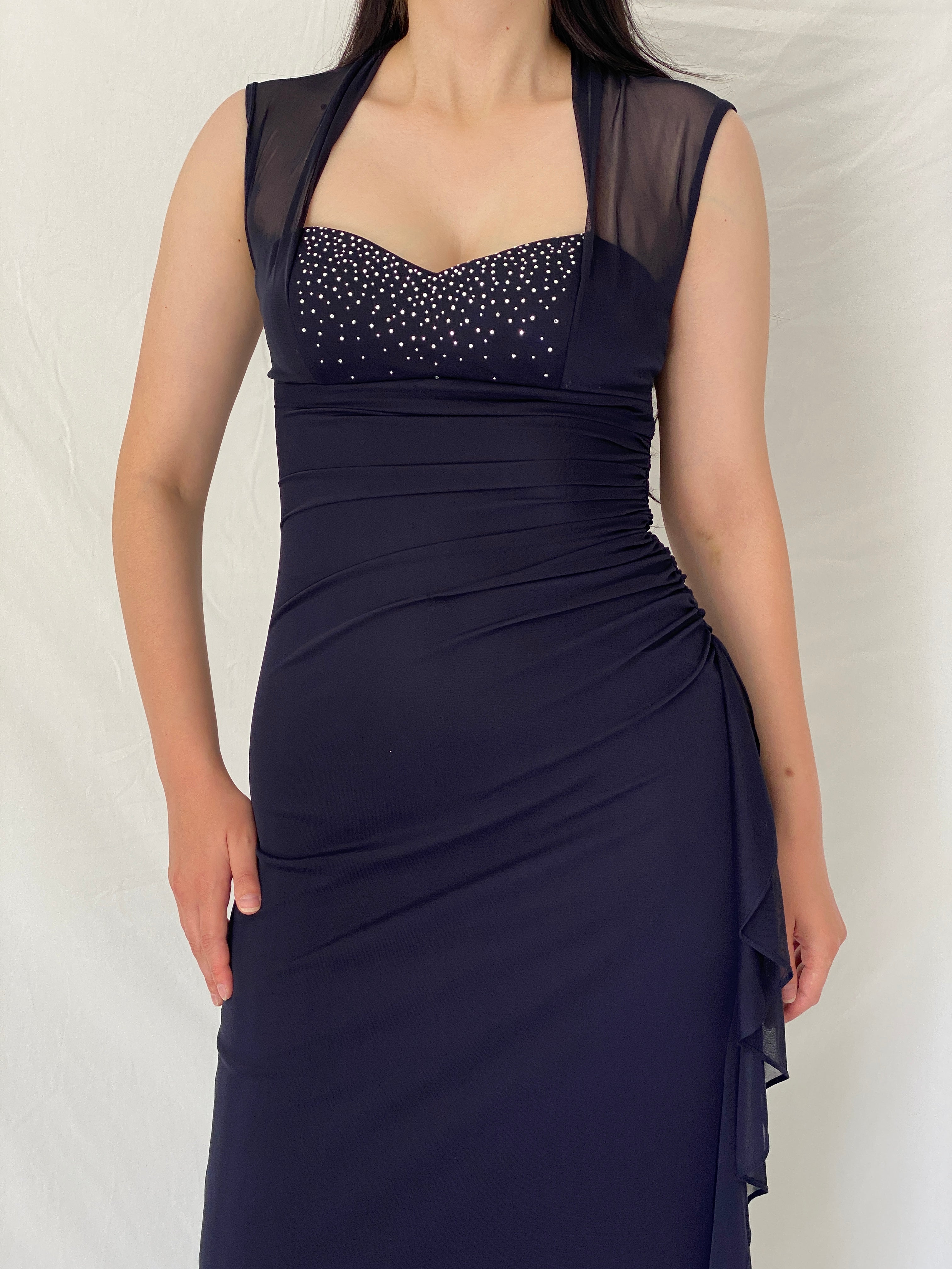 Vintage Y2K Blondie Nites by Stacy Sklar Navy Rhinestone Mesh Evening Gown - M