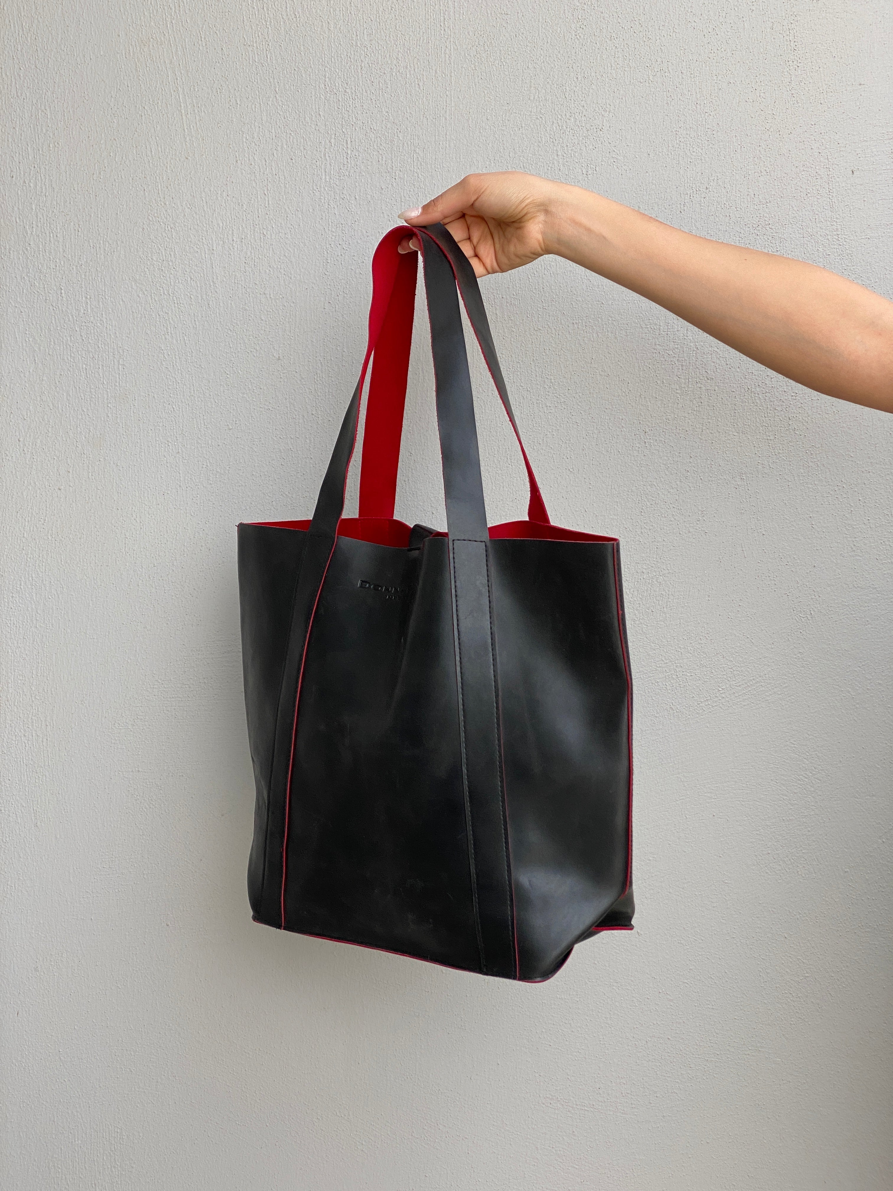 Vintage 2000s Donna Karan New York Black Leather Tote Bag Red Interior Minimalist Shopper