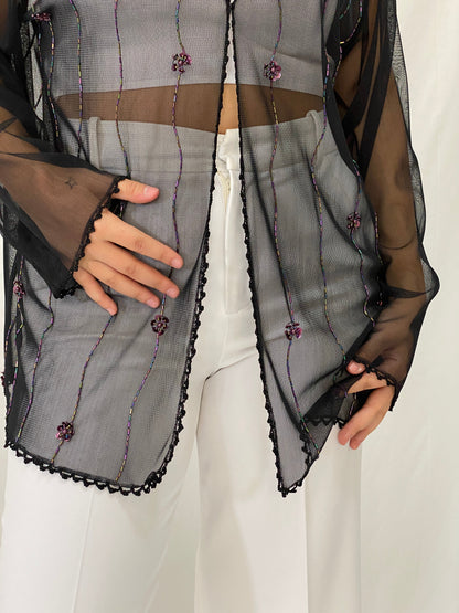 Vintage MISSION Black Sheer Beaded Cardigan Iridescent Sequin Trim Kimono - XL