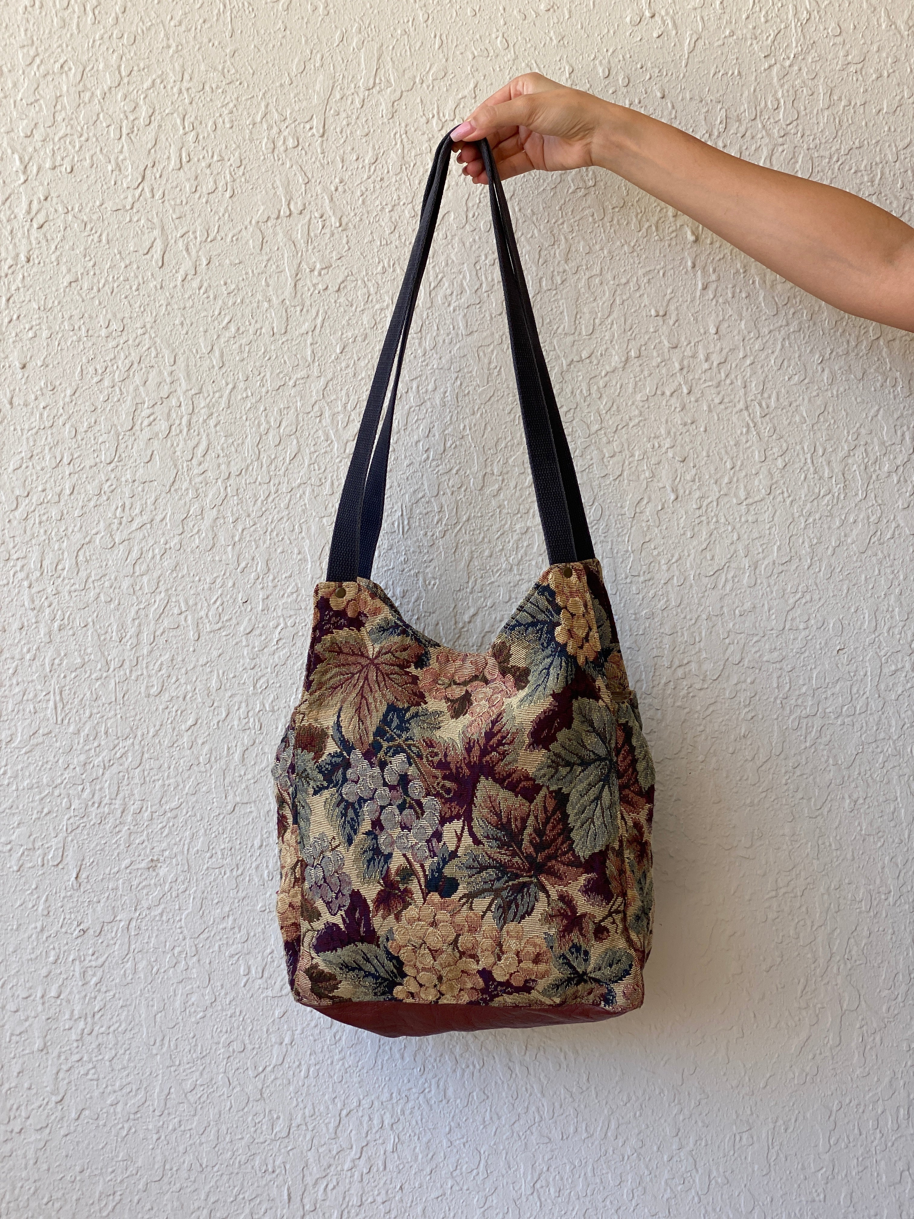 Vintage Floral Tapestry Tote Bag Earth Tone Bucket Bag