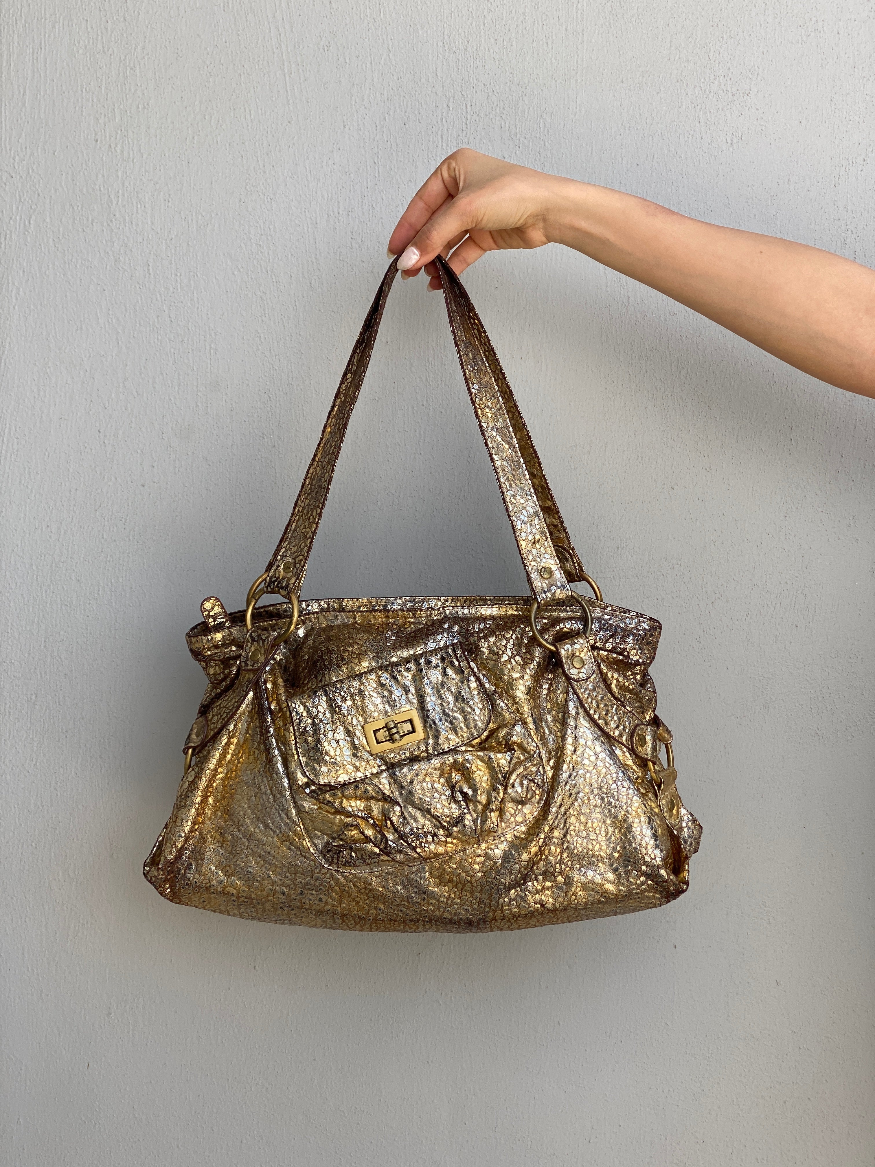 Vintage Y2K Metallic Gold Faux Snakeskin Shoulder Bag