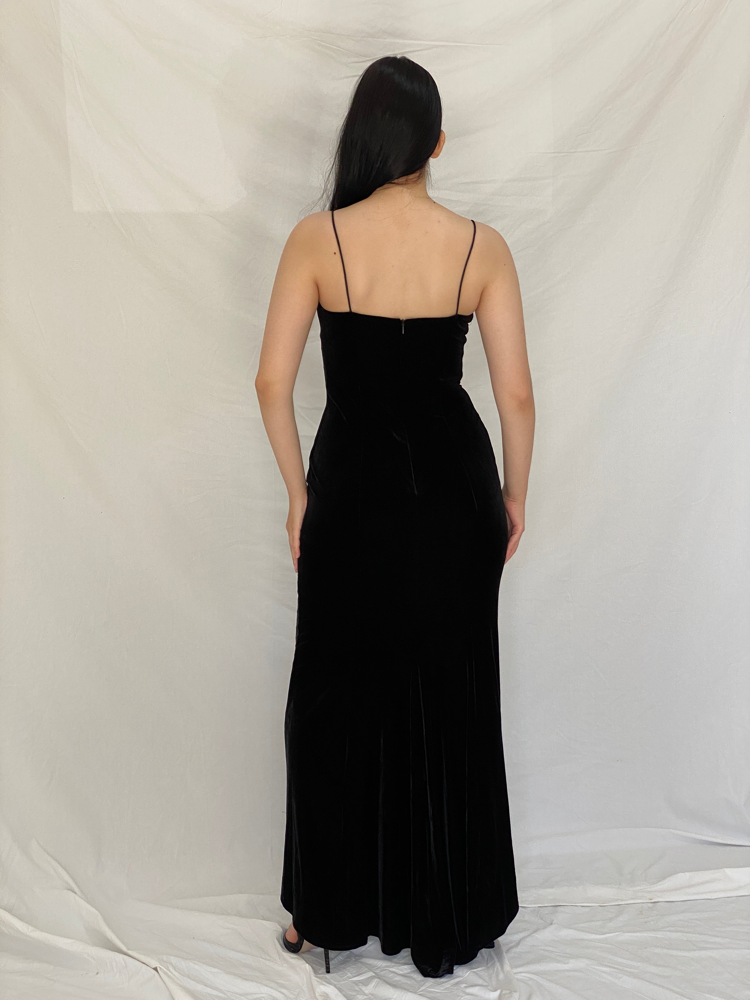 Vintage Betsey & Adam by Jaslene Black Velvet Beaded Illusion Evening Gown – S