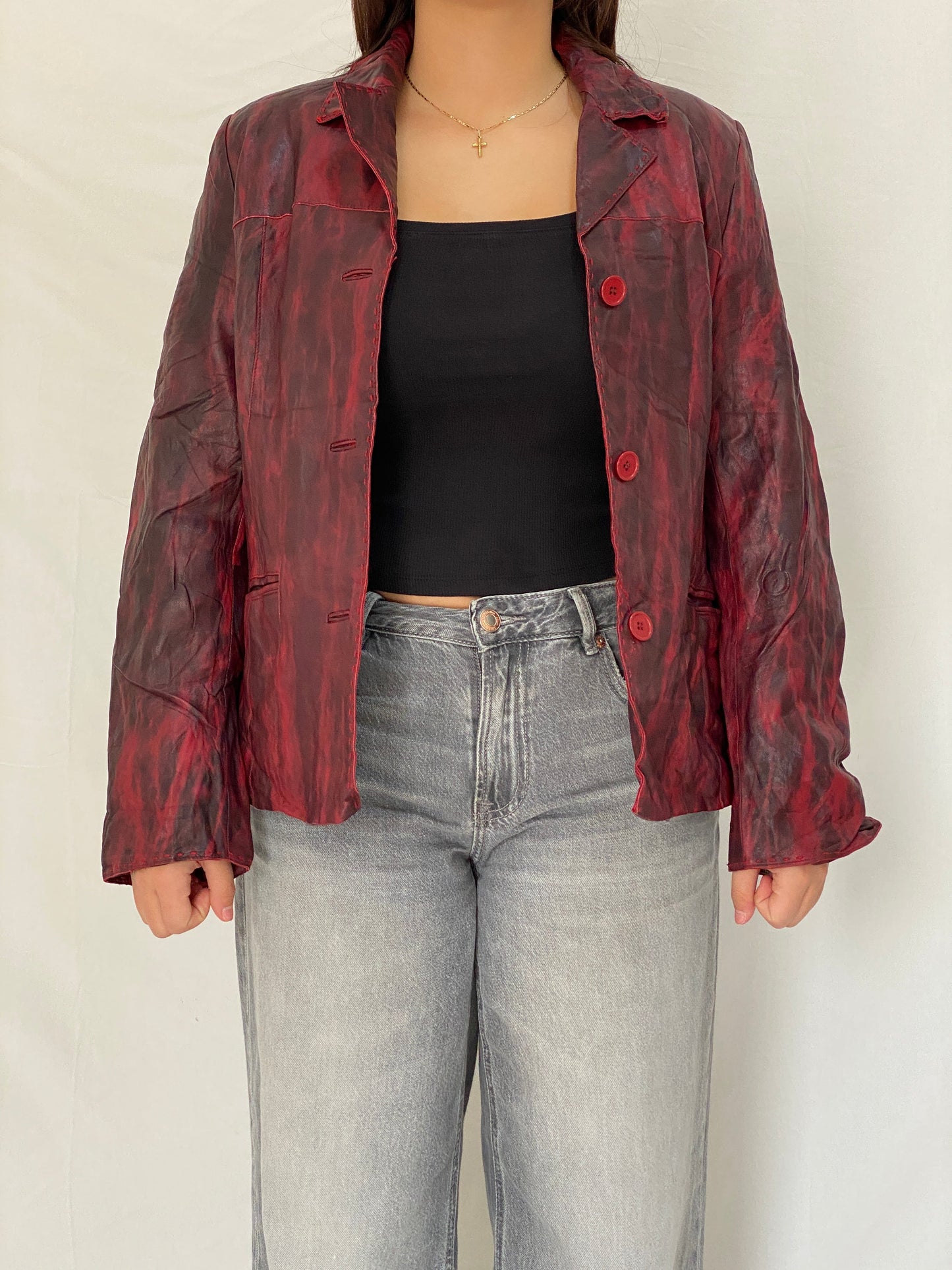 Vintage Mafecco Distressed Red Black Genuine Leather Blazer Jacket - M