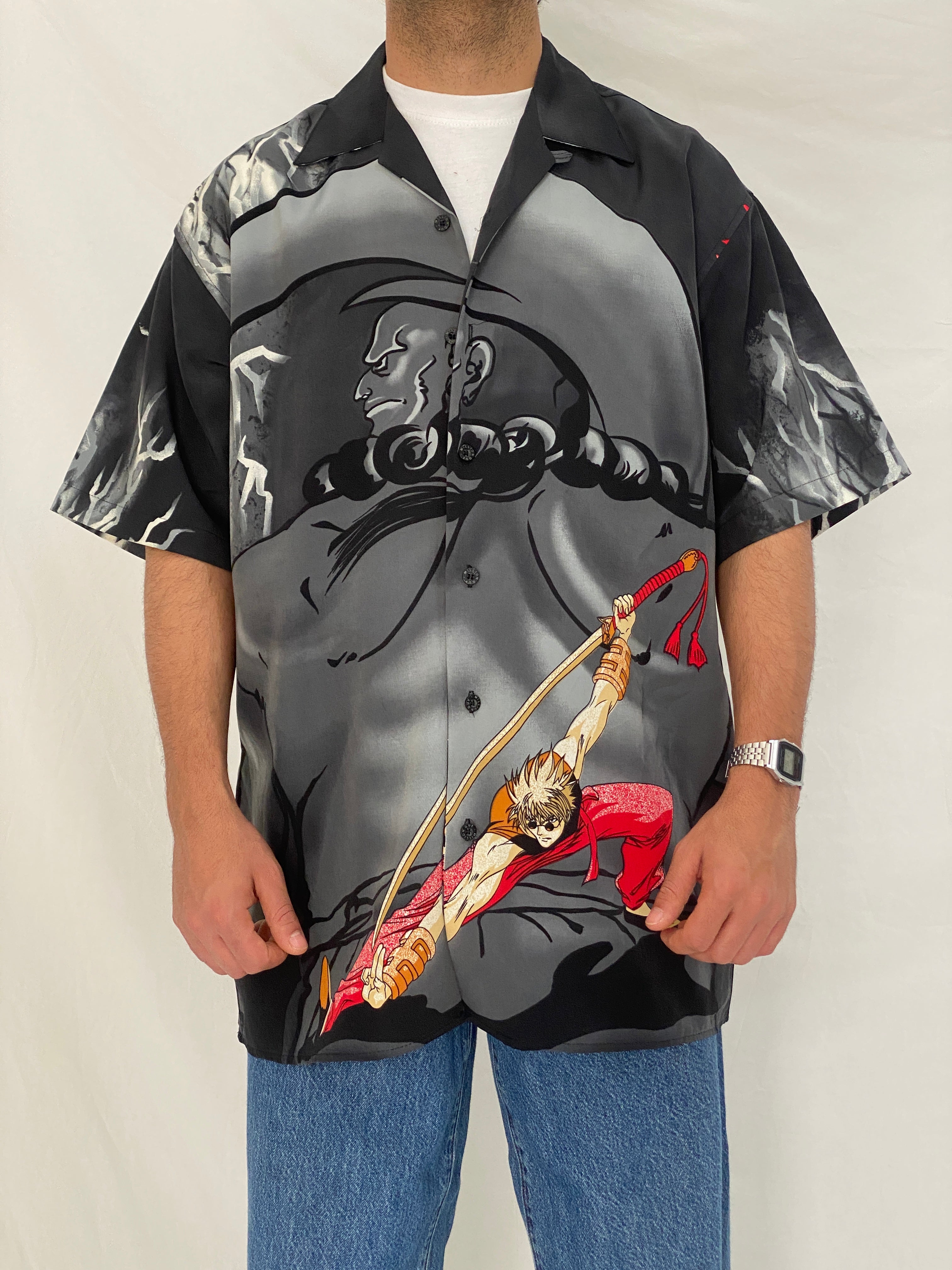 Vintage Y2K Million Guy Anime Graphic Button Up Shirt Black Grey Samurai Manga Shirt - M