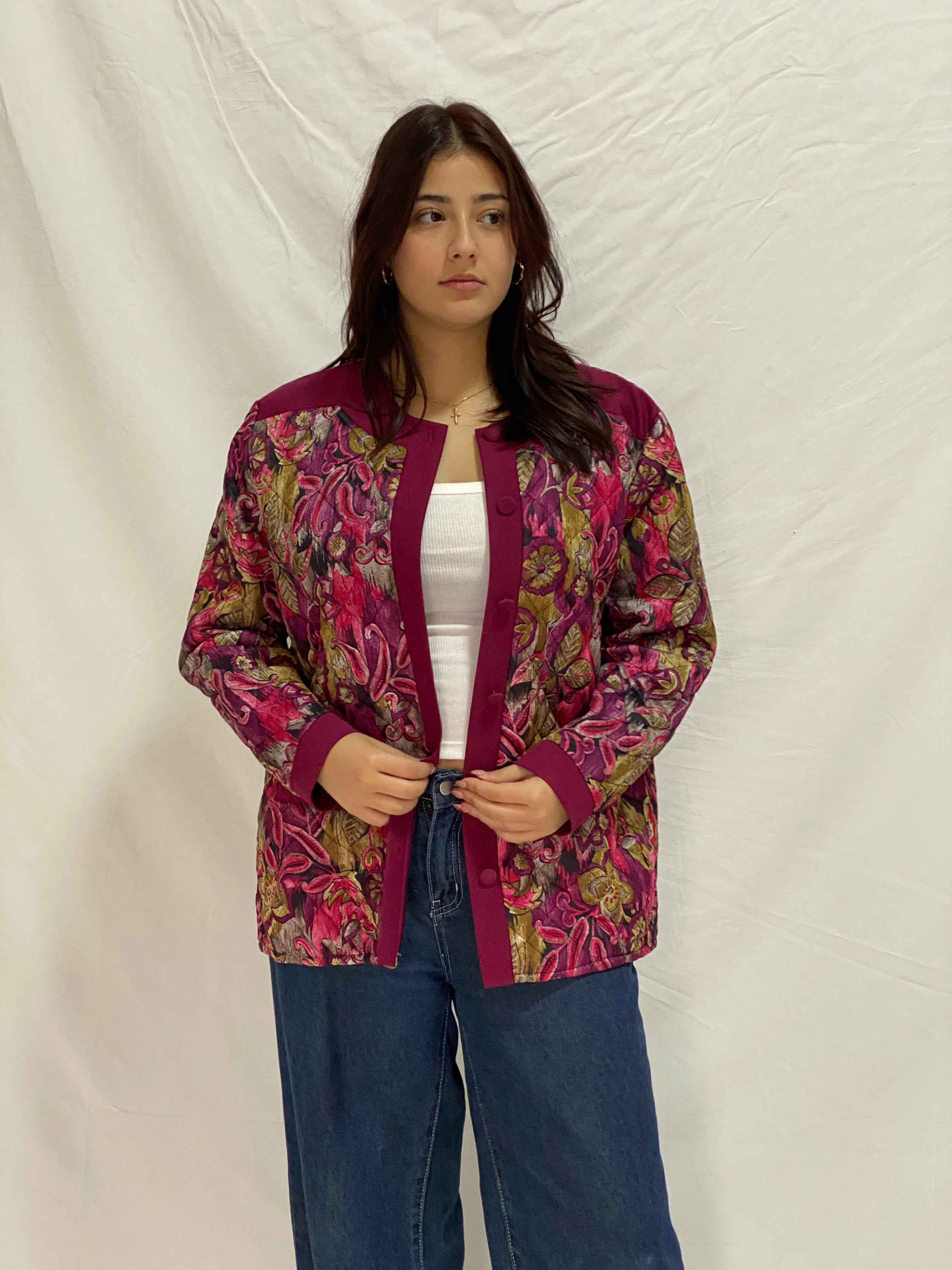 Vintage Quilted Floral Jacket Burgundy & Pink Paisley Button-Up Jacket - XL