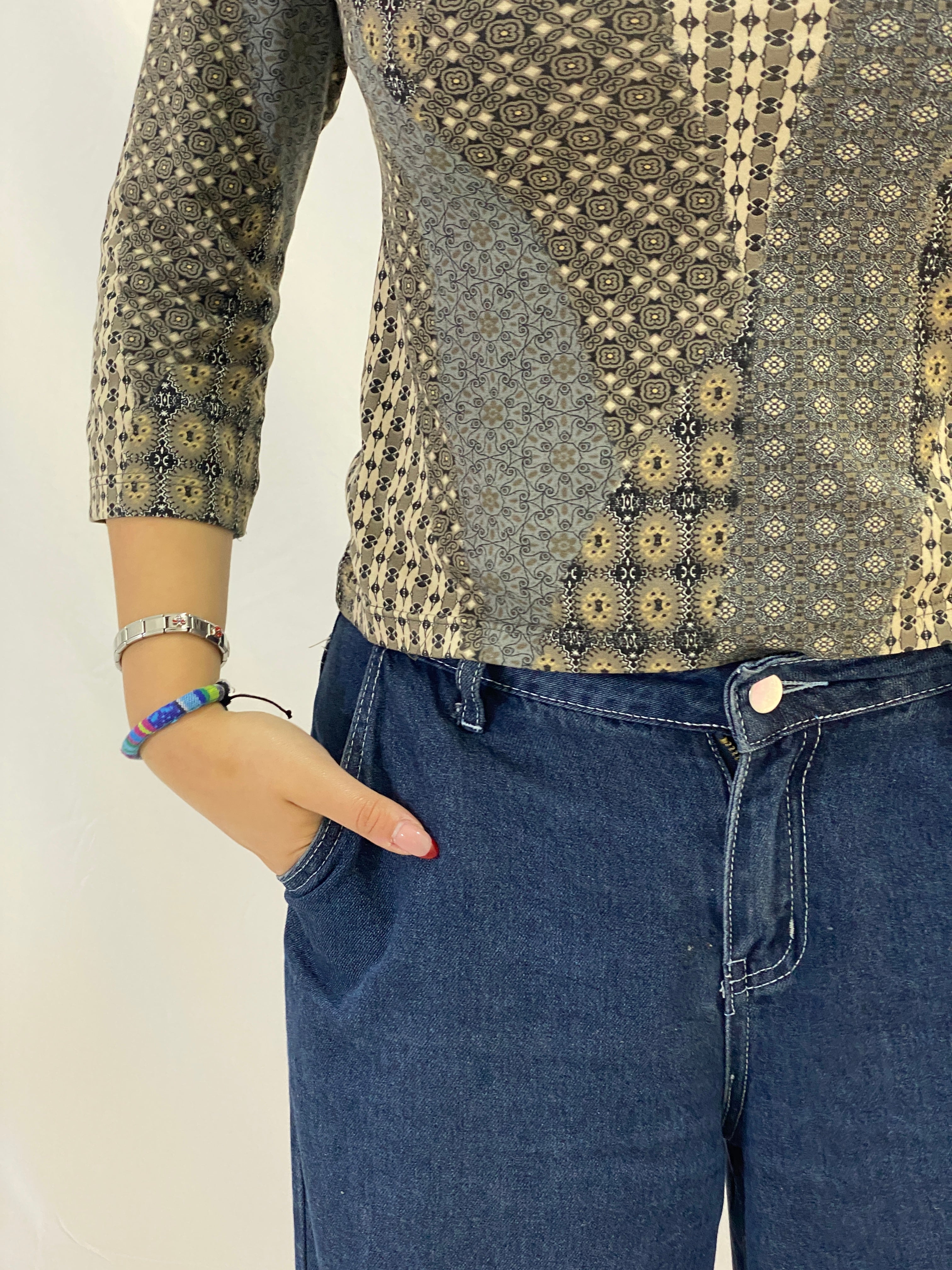 Vintage Aquarelle Patchwork Print 3/4 Sleeve Stretch Top - Neutral Brown & Olive - M