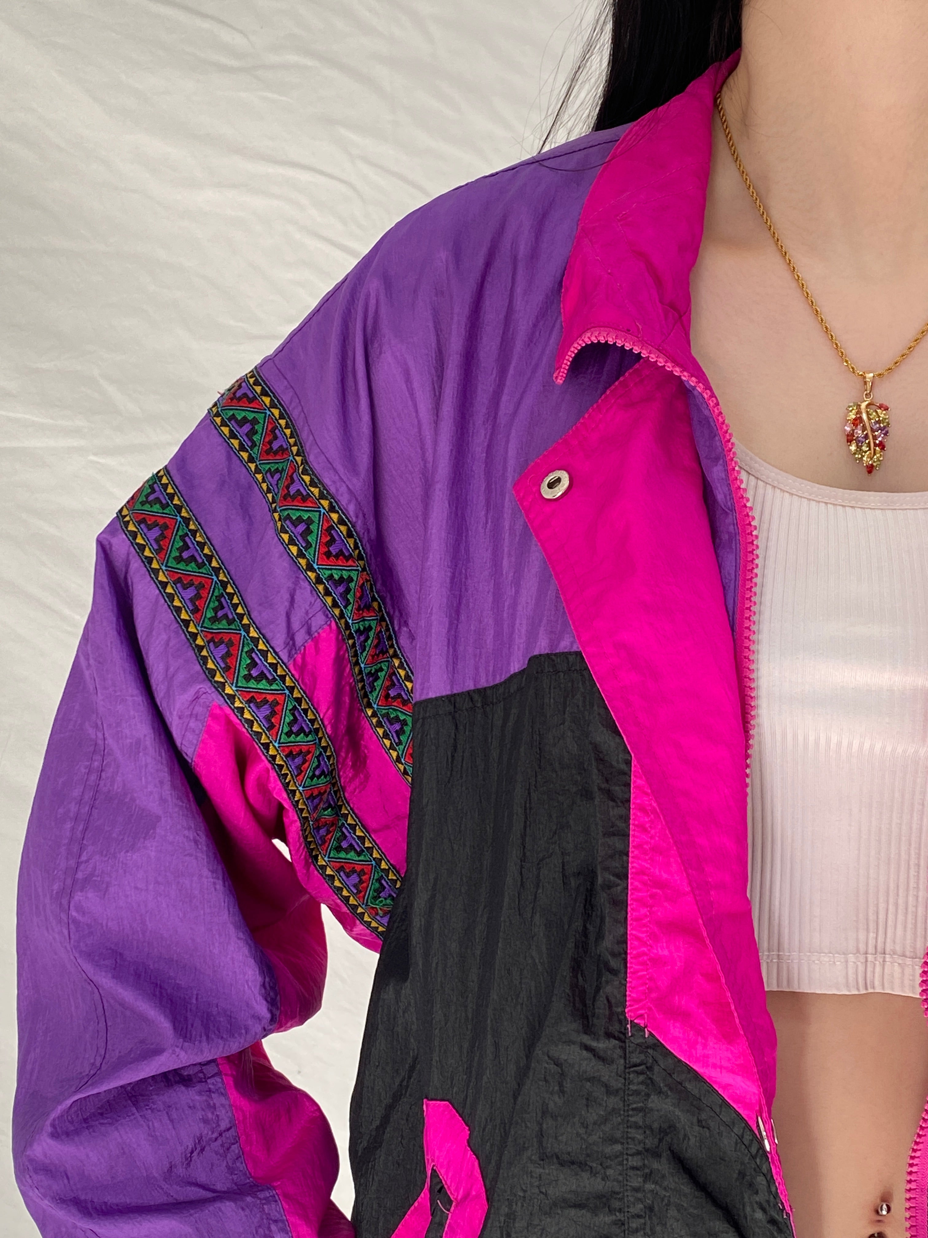 Vintage Andy Johns Colorblock Windbreaker Jacket - 90s Retro Purple Pink Black Oversized Lightweight Track Jacket - L