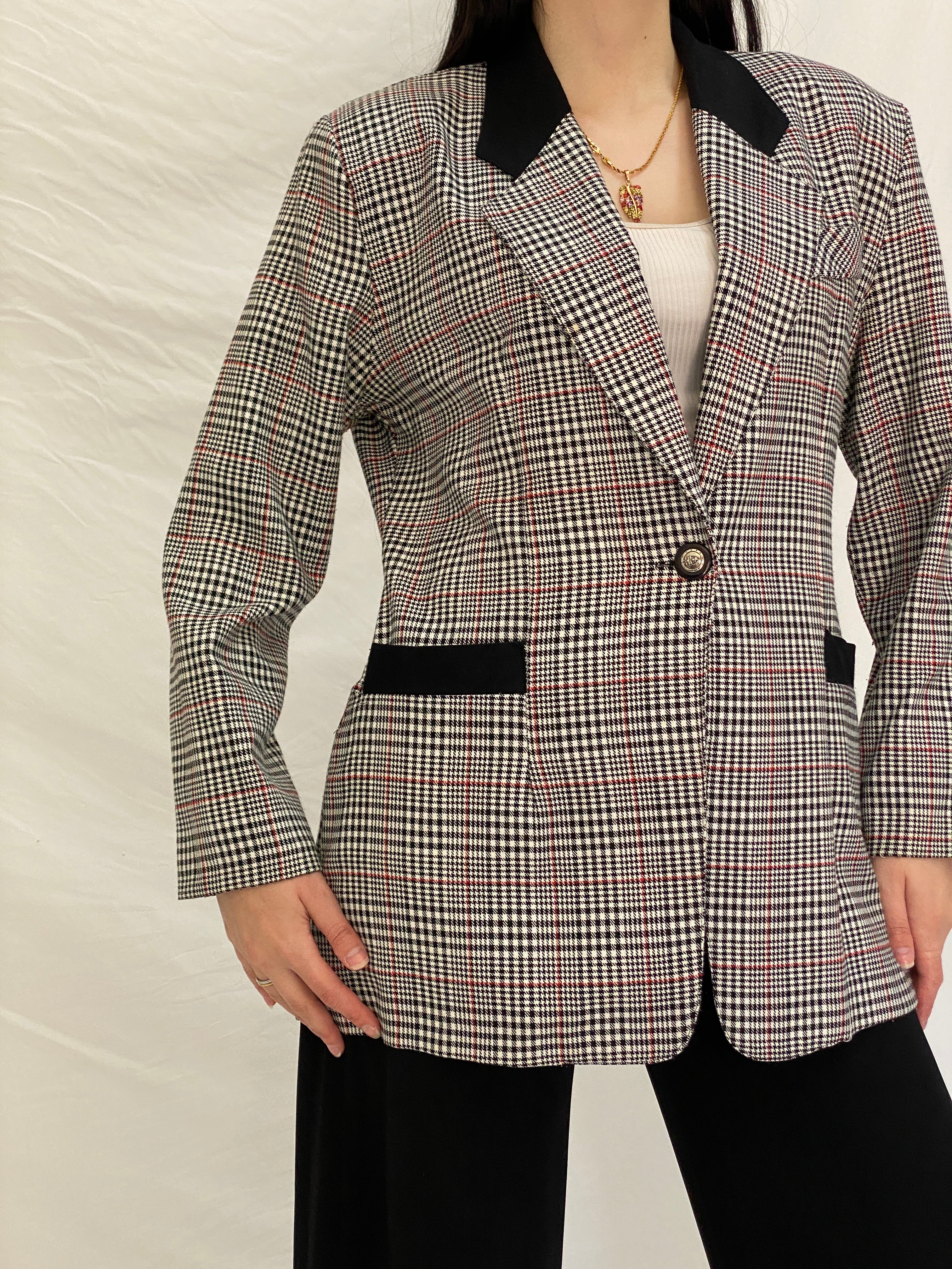 Vintage Always USA Plaid Blazer Black & White Check Structured Jacket - L