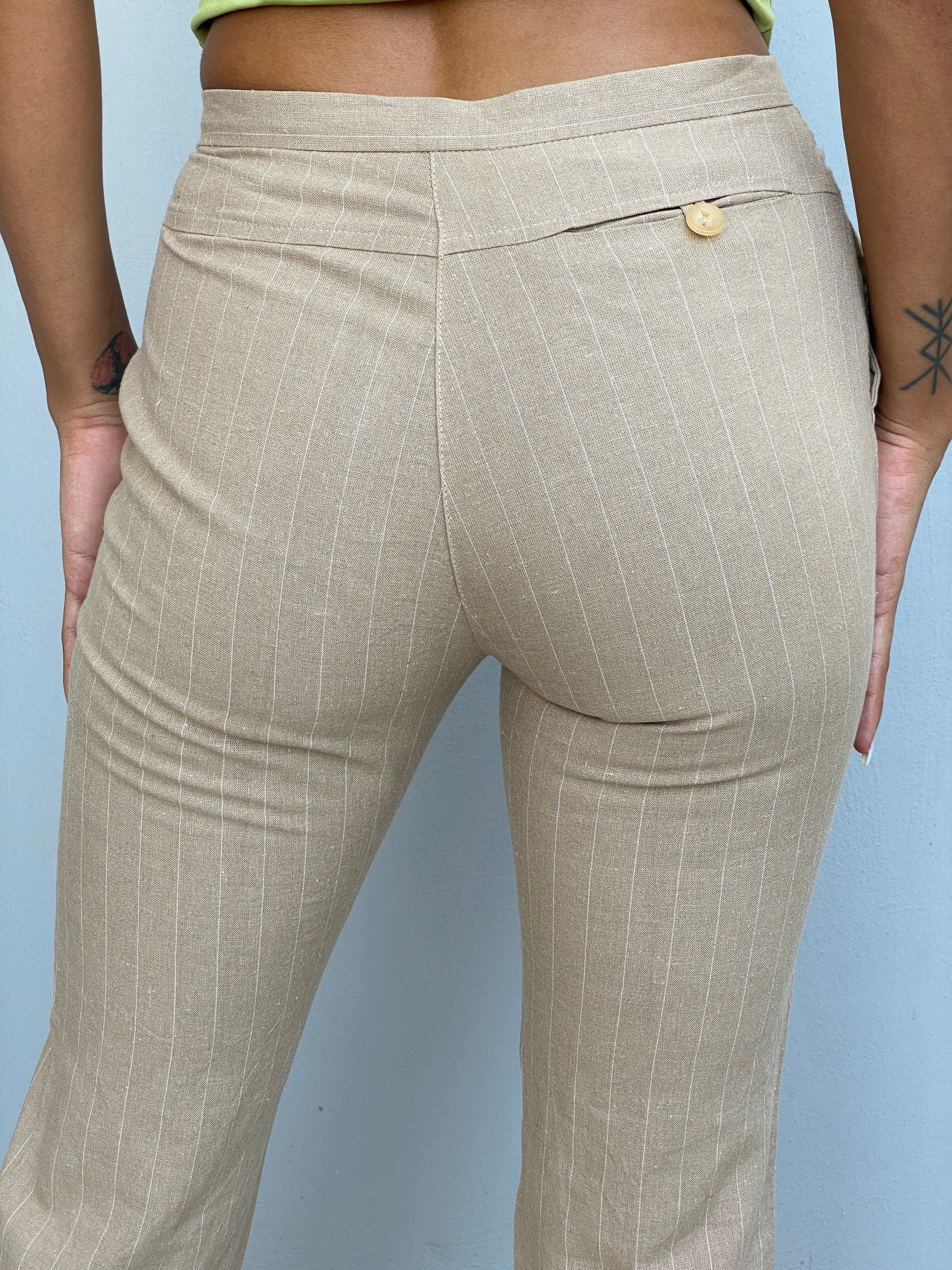 Vintage Y2K La City Paris Beige Pinstripe Low-Rise Straight Leg Trousers - XS