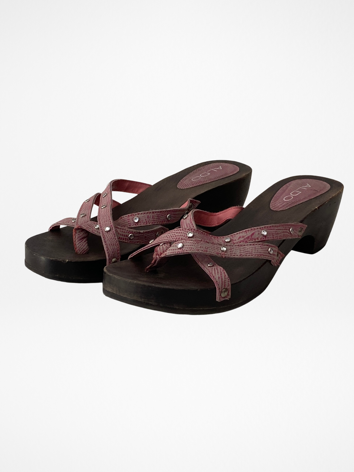 Vintage Y2K ALDO Pink Rhinestone Strappy Wooden Clog Sandals - 37 EU