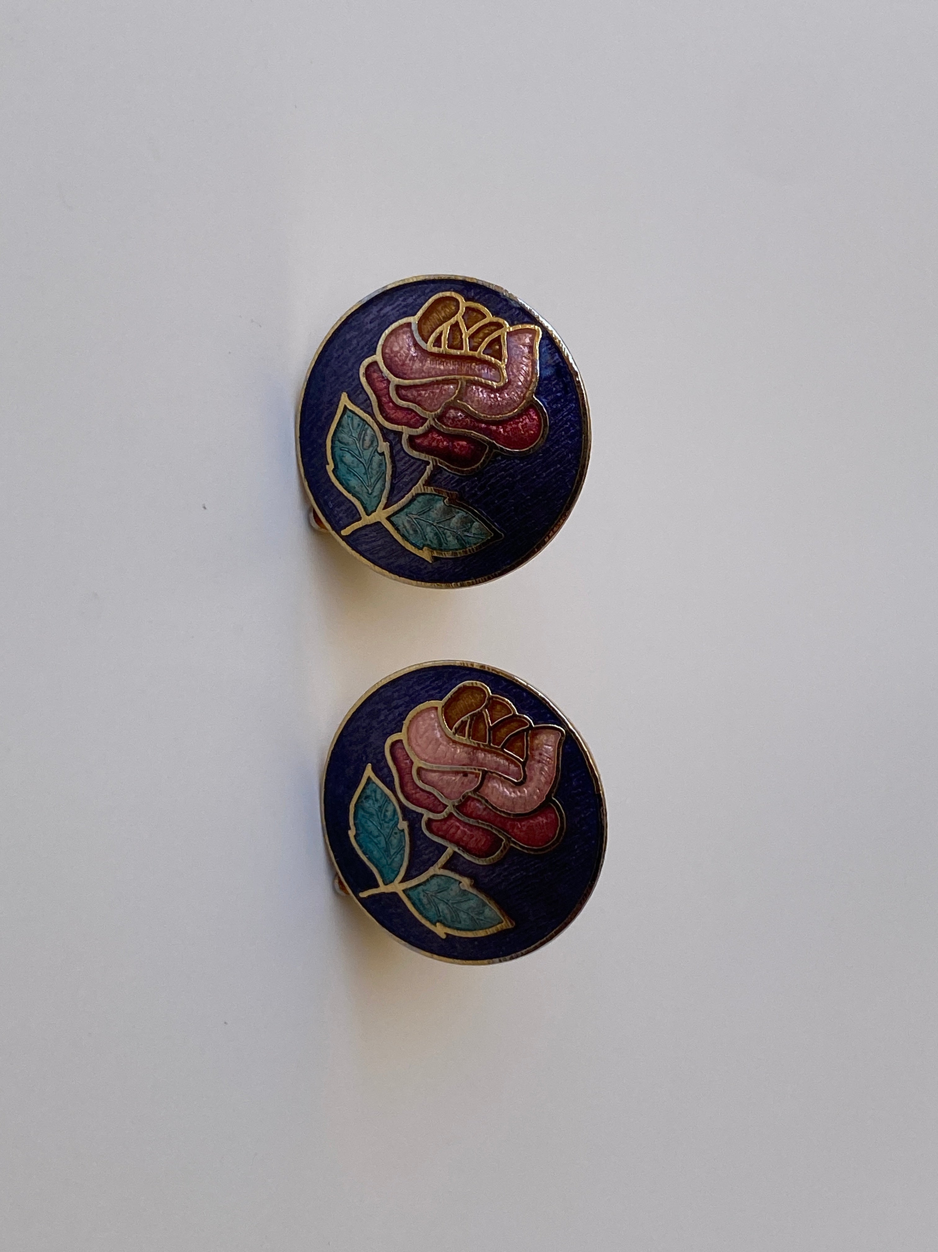 Vintage Enamel Rose Clip-On Blue Floral Cloisonné Style Mini Earrings