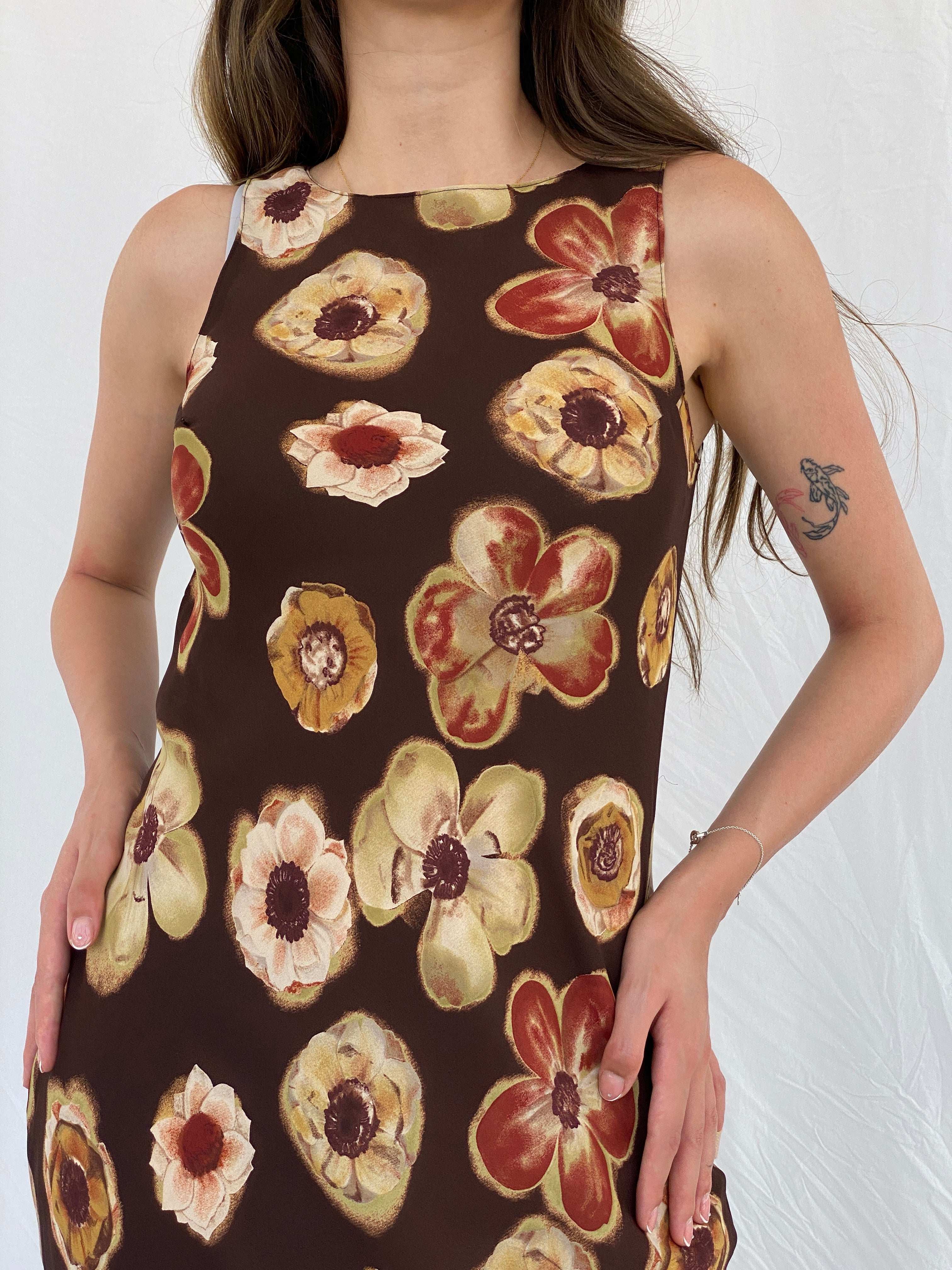 Vintage 90s PJLA Floral Brown Bodycon Sleeveless Maxi Dress - M - Balagan Vintage Maxi Dress 00s, 90s, maxi dress, Mira, NEW IN